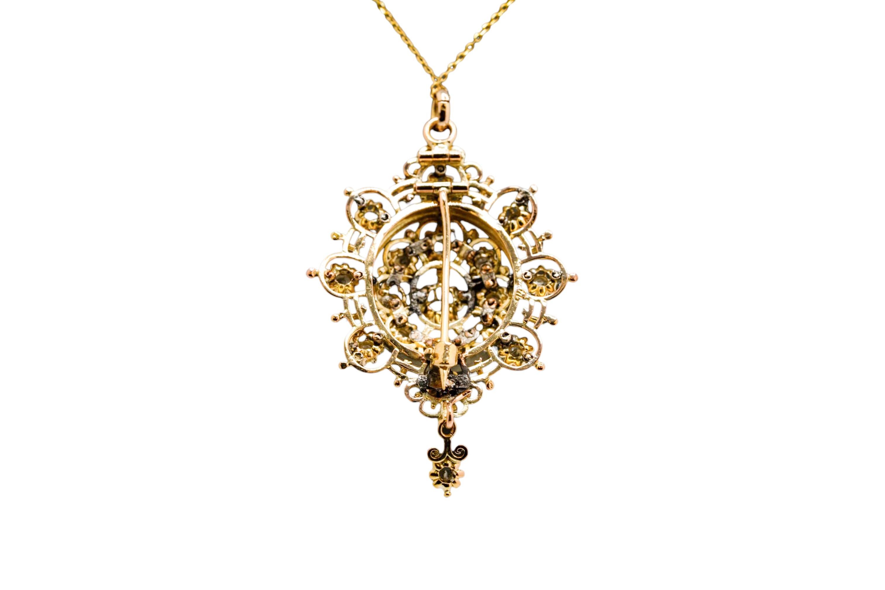 Pendentif broche en or jaune 14k serti de diamants roses mixtes naturels Collier Excellent état - En vente à Boca Raton, FL