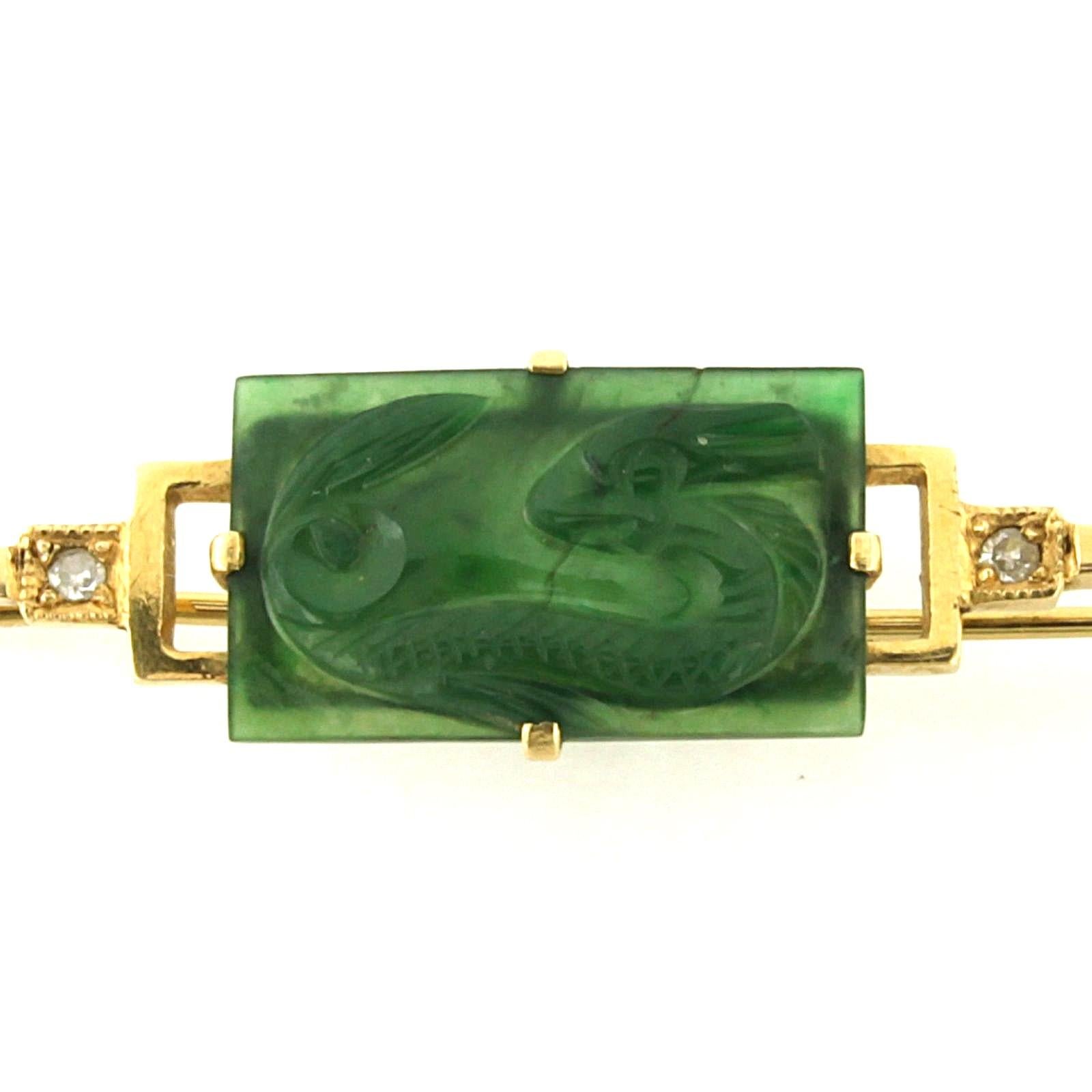 Single Cut 14k yellow gold brooch with a jade and single cut diamonds up to 0.03ct For Sale