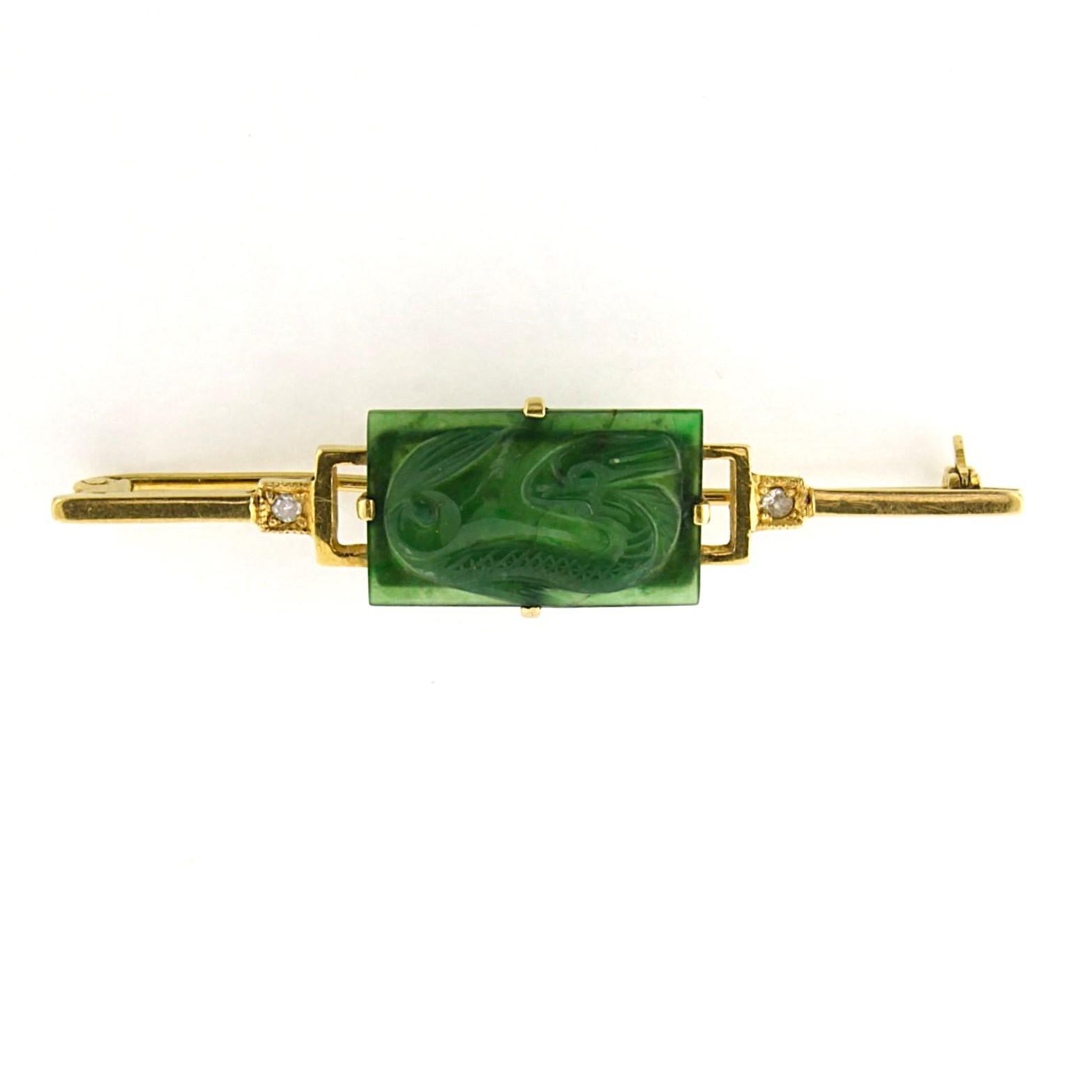 14k yellow gold brooch with a jade and single cut diamonds up to 0.03ct For Sale 2