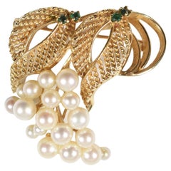 14K Yellow Gold Brooch with Pearls and Emeralds
