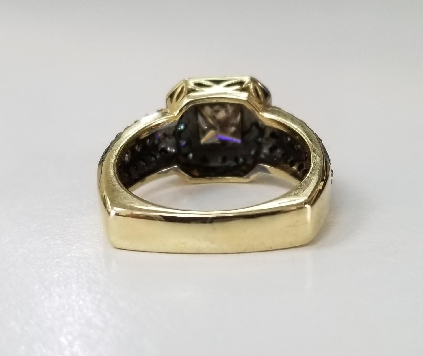 Princess Cut 14 Karat Yellow Gold Brown and Blue Diamond Halo Ring For Sale
