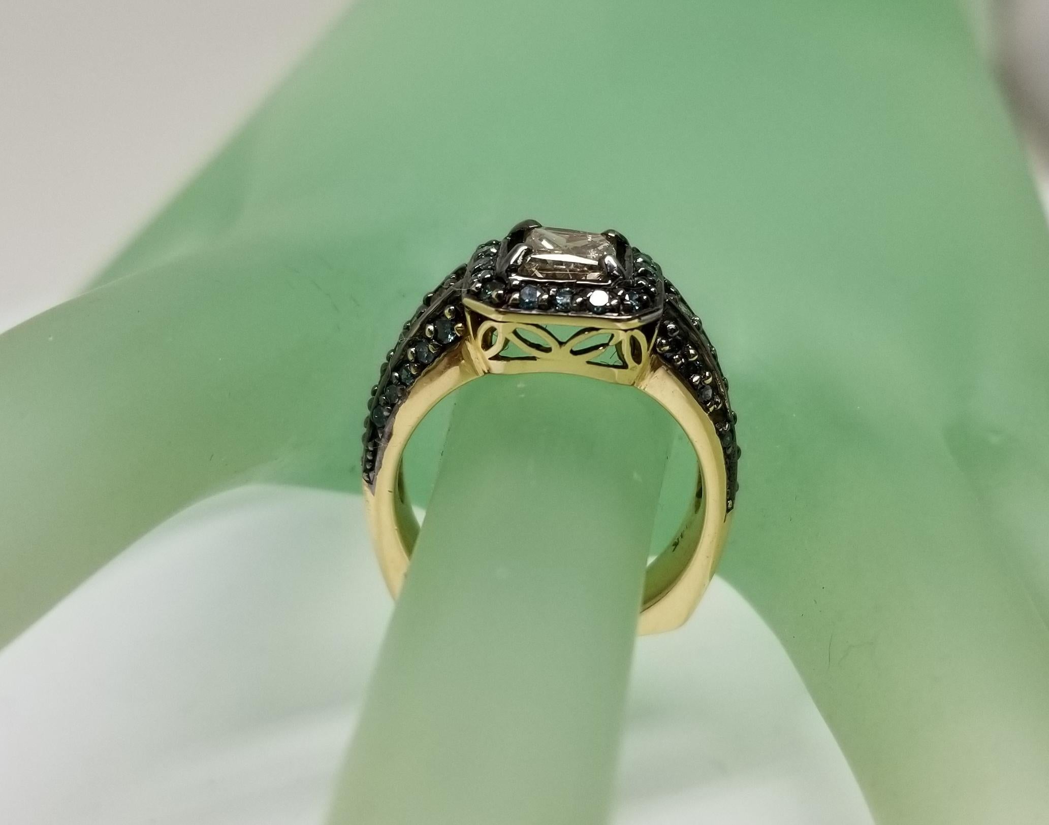 14 Karat Yellow Gold Brown and Blue Diamond Halo Ring For Sale 1