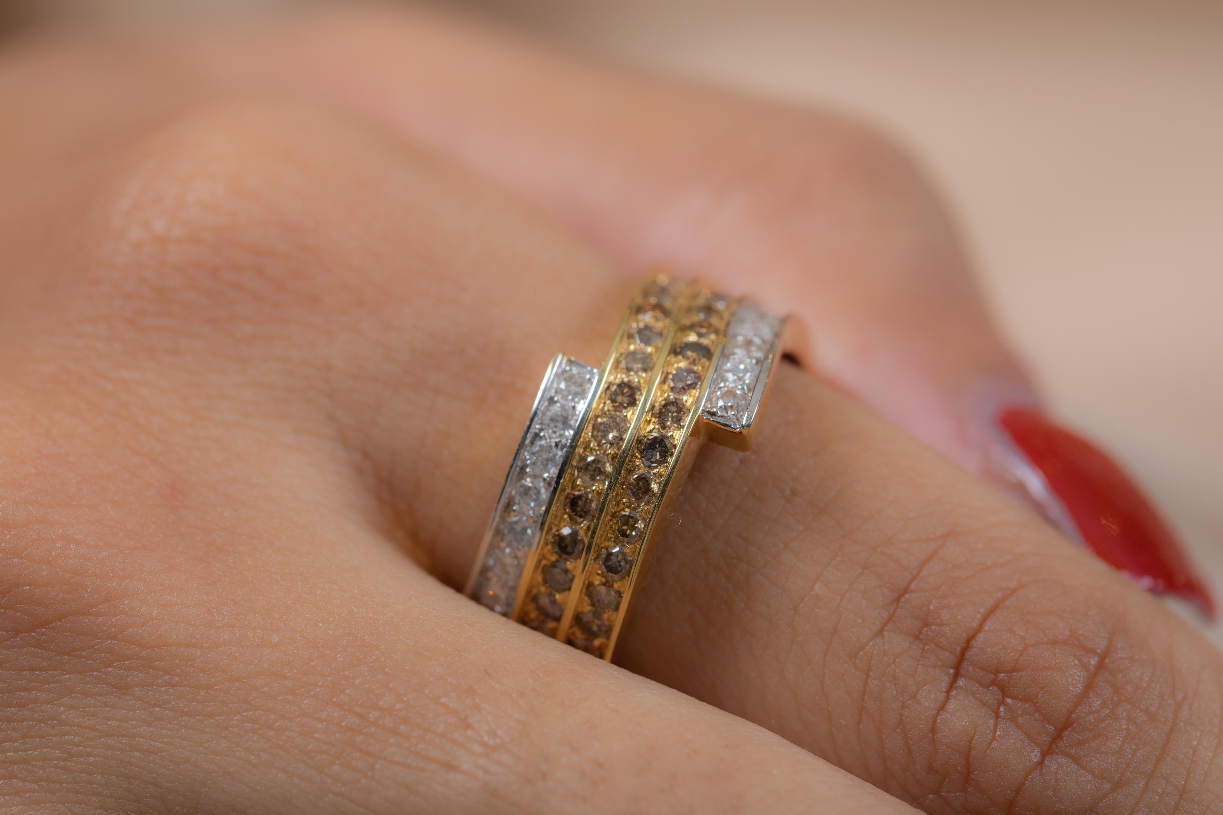 For Sale:  14K Yellow Gold Unique Brown White Diamond Band Ring 2