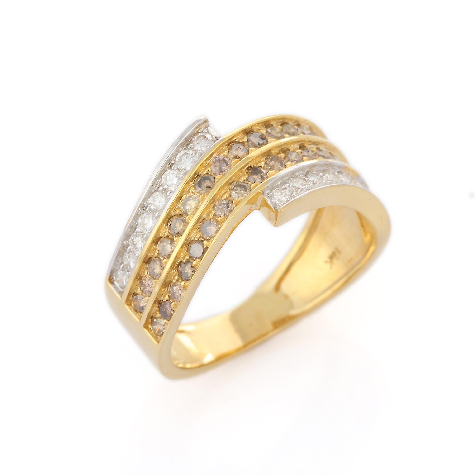 For Sale:  14K Yellow Gold Unique Brown White Diamond Band Ring 7