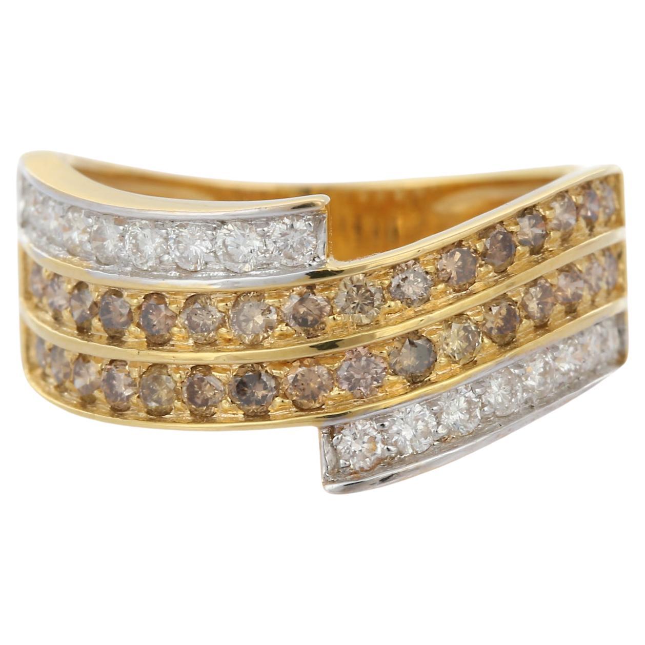 Bague en or jaune 14K à anneau unique en diamant blanc et brun