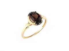 Anillo de cóctel de oro amarillo de 14 quilates con diamante marrón y cuarzo ahumado