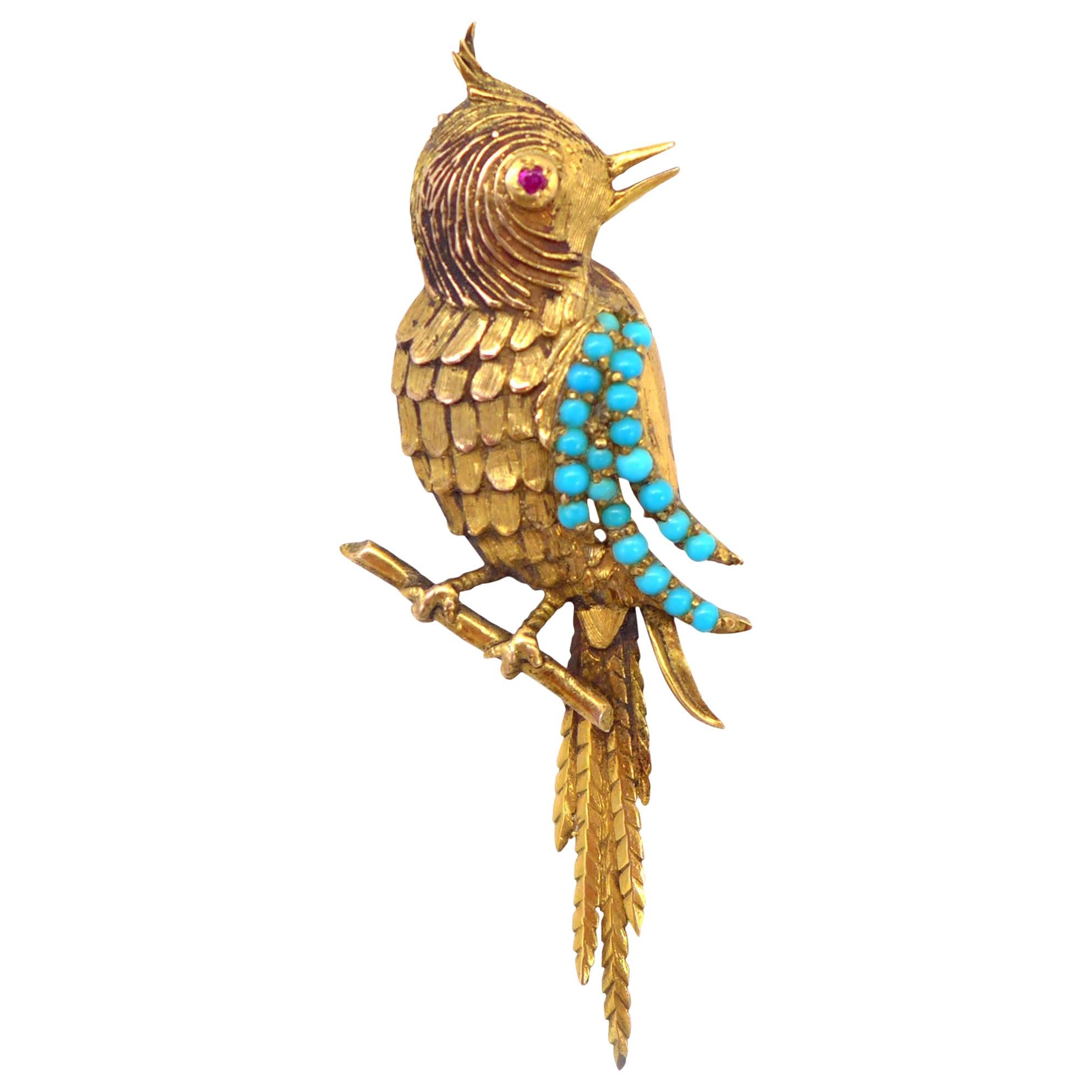 14 Karat Yellow Gold Brush Turquoise and Ruby Titmouse Brooch For Sale