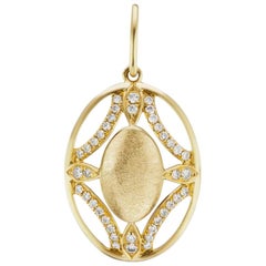 14 Karat Yellow Gold Brushed Oval Charm Pendant with Diamond Accents