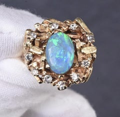 14K Yellow Gold Brutalist Opal & Diamond Ring 9.96g Size 6.5 10×7mm Opal