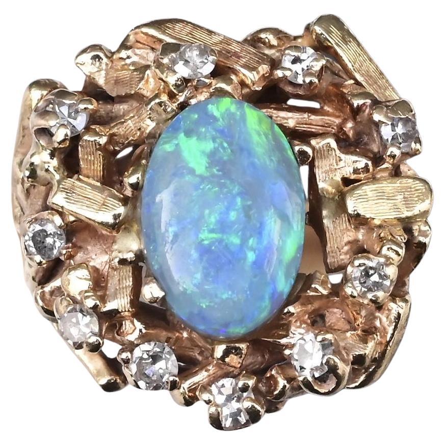 14K Gelbgold Brutalist Opal & Diamant Ring 9,96g Größe 6,5 10×7mm Opal