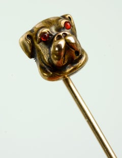 14 Karat Yellow Gold Bull Dog Stick Pin with Cabochon Ruby Eyes