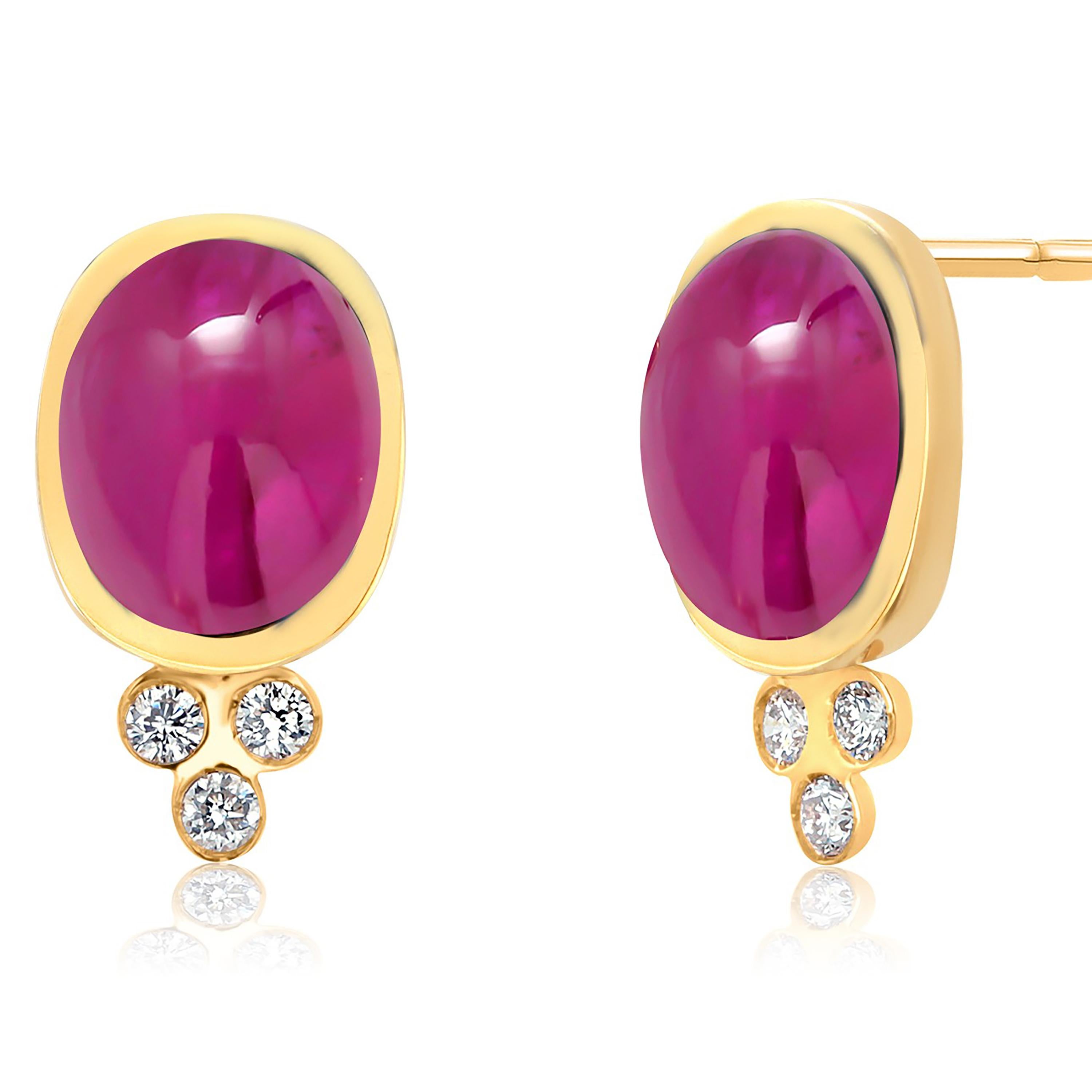 14K Yellow Gold Burma Cabochon Ruby and Diamond Bezel Set Stud Earrings 3