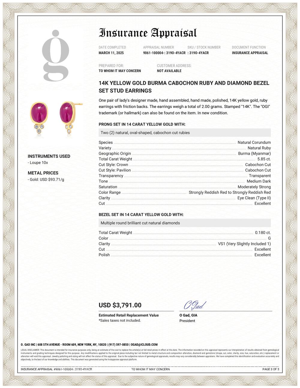 Contemporary 14K Yellow Gold Burma Cabochon Ruby and Diamond Bezel Set Stud Earrings