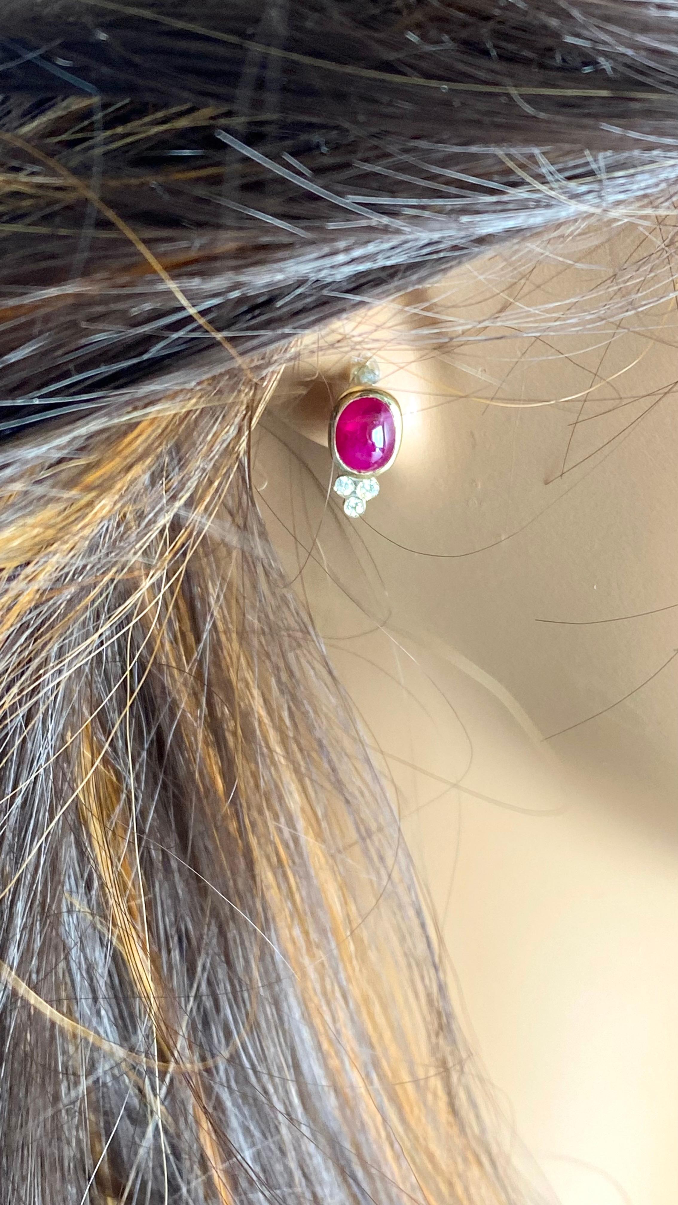 Women's or Men's 14K Yellow Gold Burma Cabochon Ruby and Diamond Bezel Set Stud Earrings