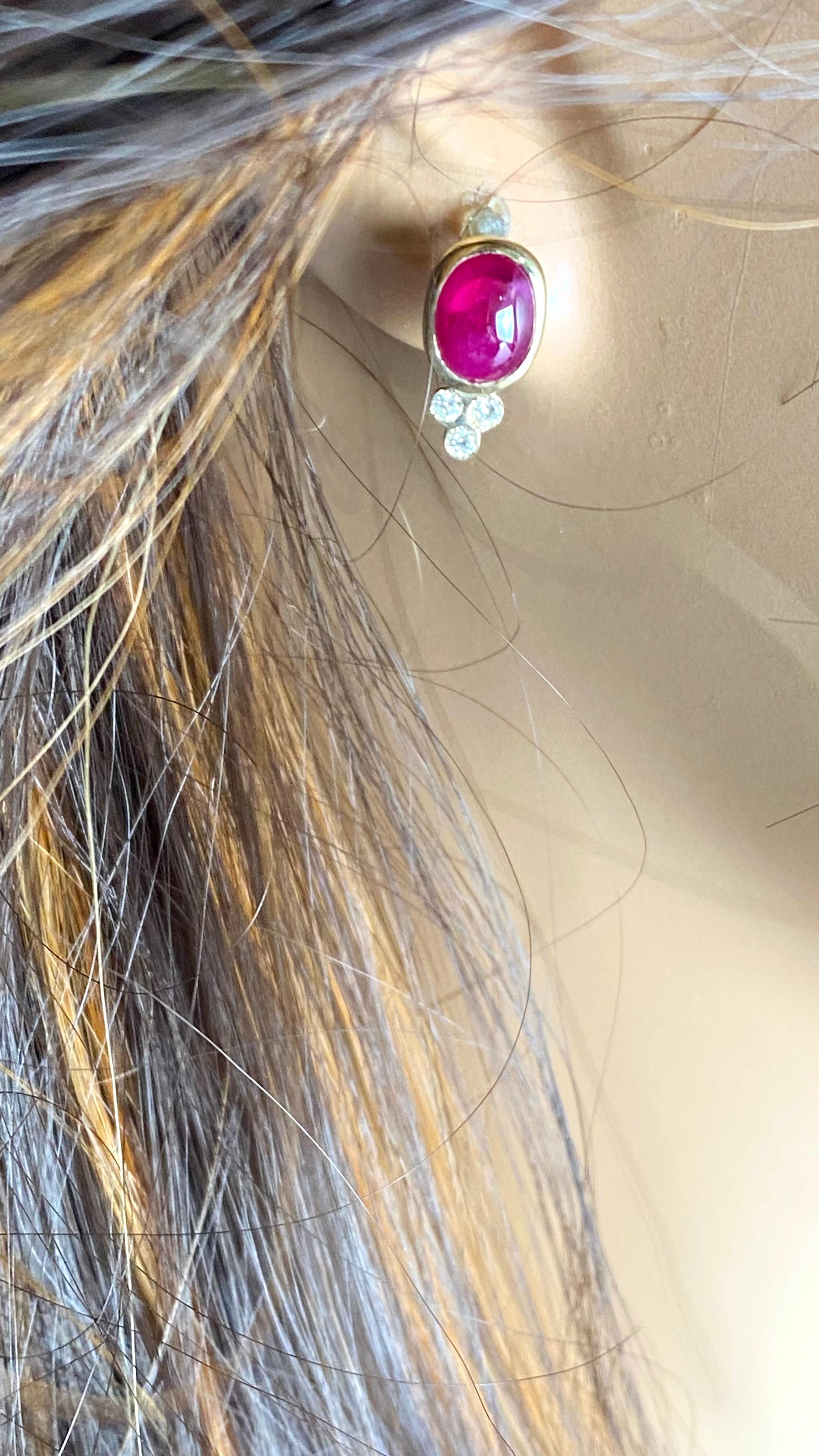 Contemporary 14K Yellow Gold Burma Cabochon Ruby and Diamond Bezel Set Stud Earrings For Sale