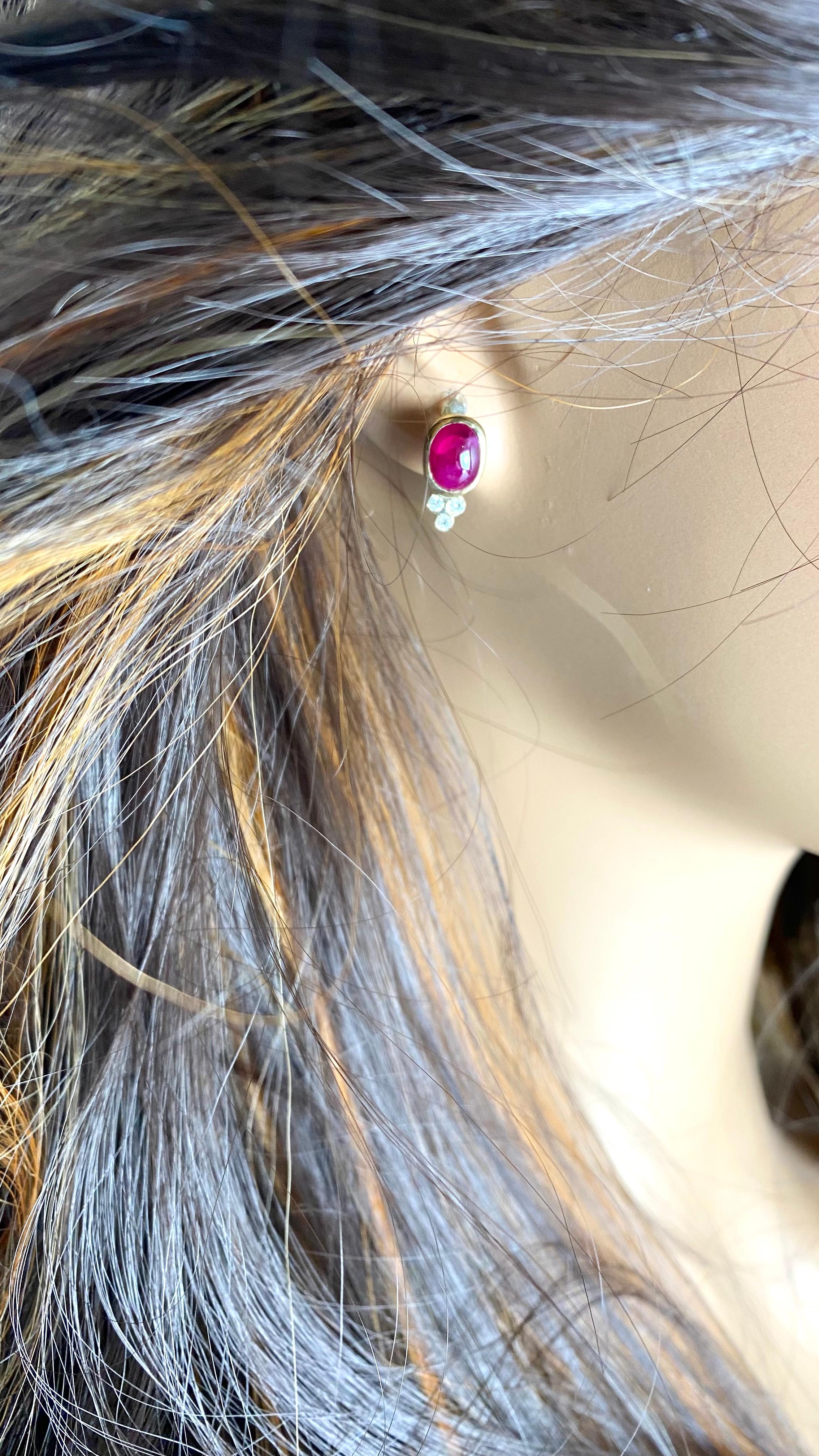 Women's or Men's 14K Yellow Gold Burma Cabochon Ruby and Diamond Bezel Set Stud Earrings For Sale