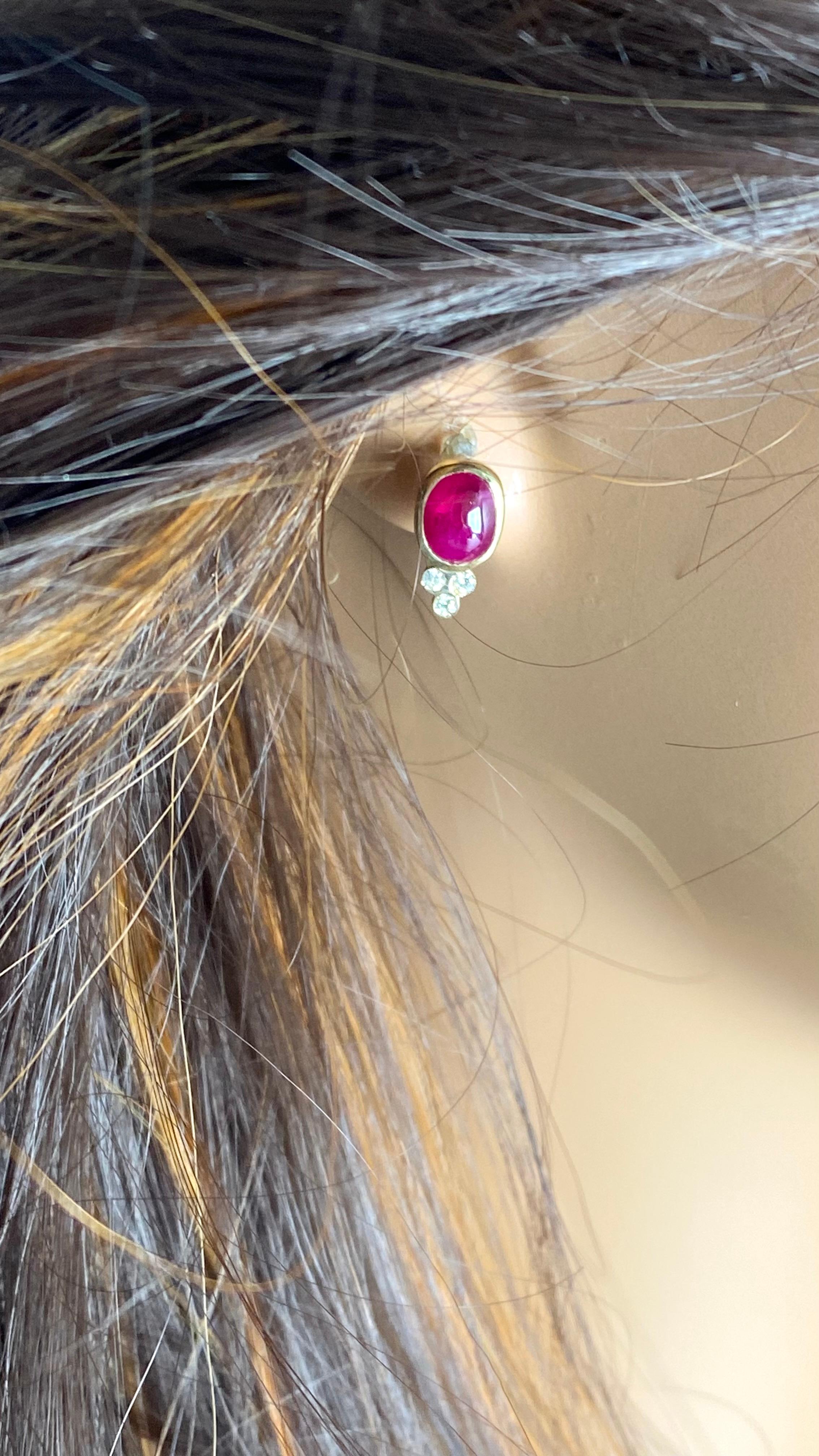 14K Yellow Gold Burma Cabochon Ruby and Diamond Bezel Set Stud Earrings 4