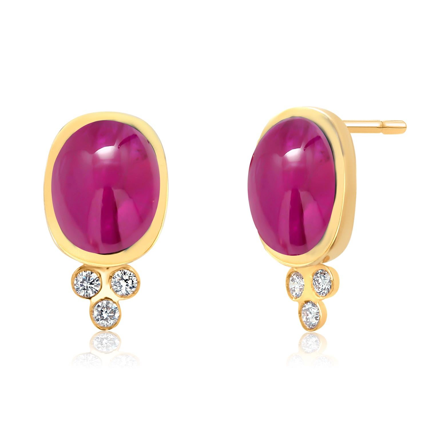 14K Yellow Gold Burma Cabochon Ruby and Diamond Bezel Set Stud Earrings 5