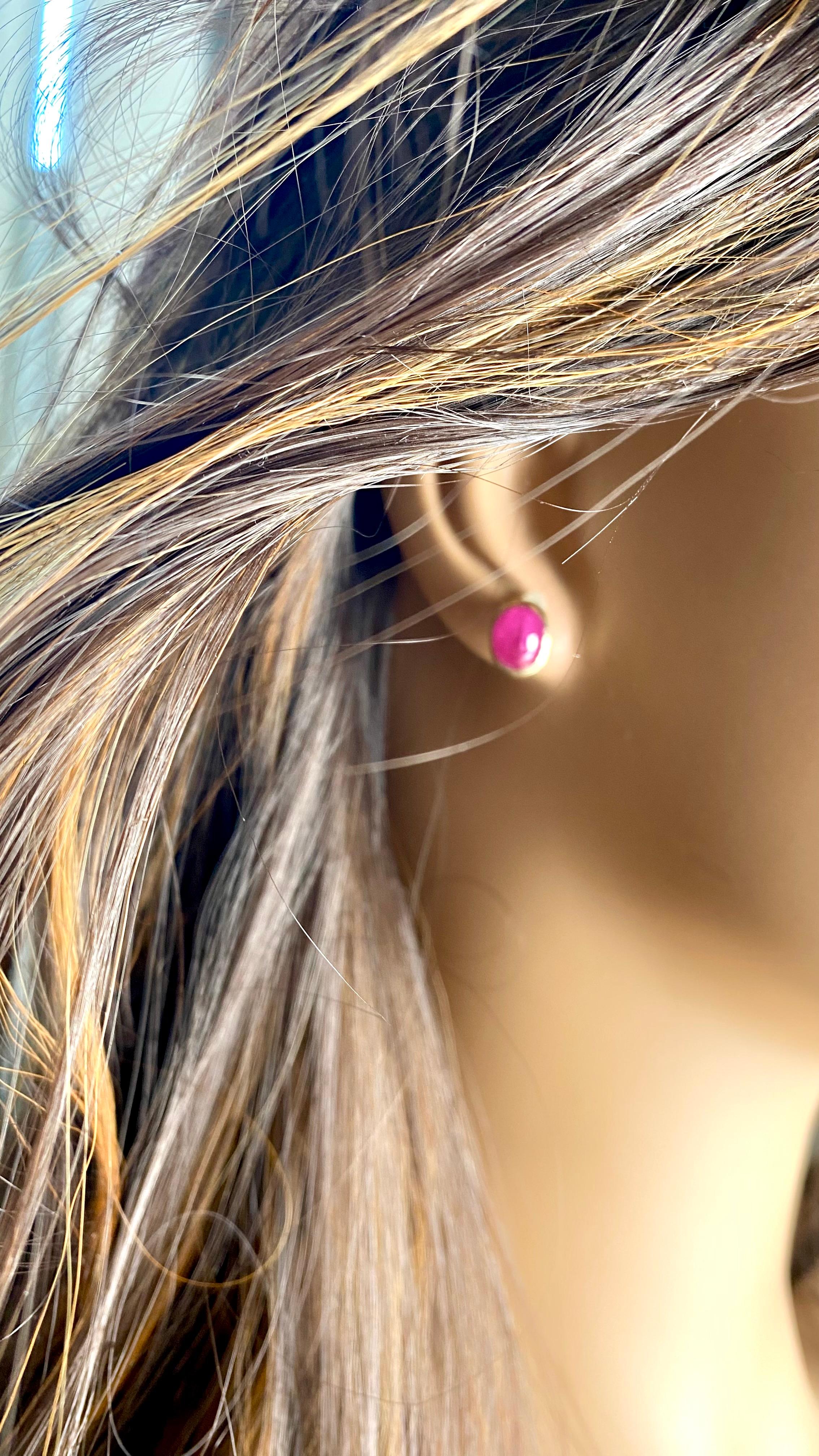 Women's or Men's 14K Yellow Gold Burma Cabochon Ruby Bezel-Set Stud Earrings