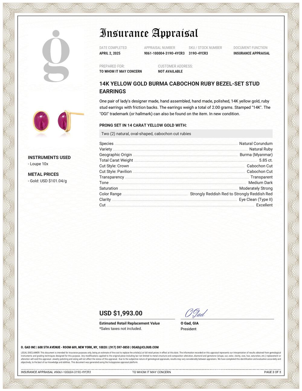 A Timeless Celebration of Color and Craftsmanship
Immerse yourself in the allure of fine gemstones with these 14K Yellow Gold Burma Cabochon Ruby Stud Earrings. Showcasing an exceptional matched pair of oval cabochon rubies sourced from