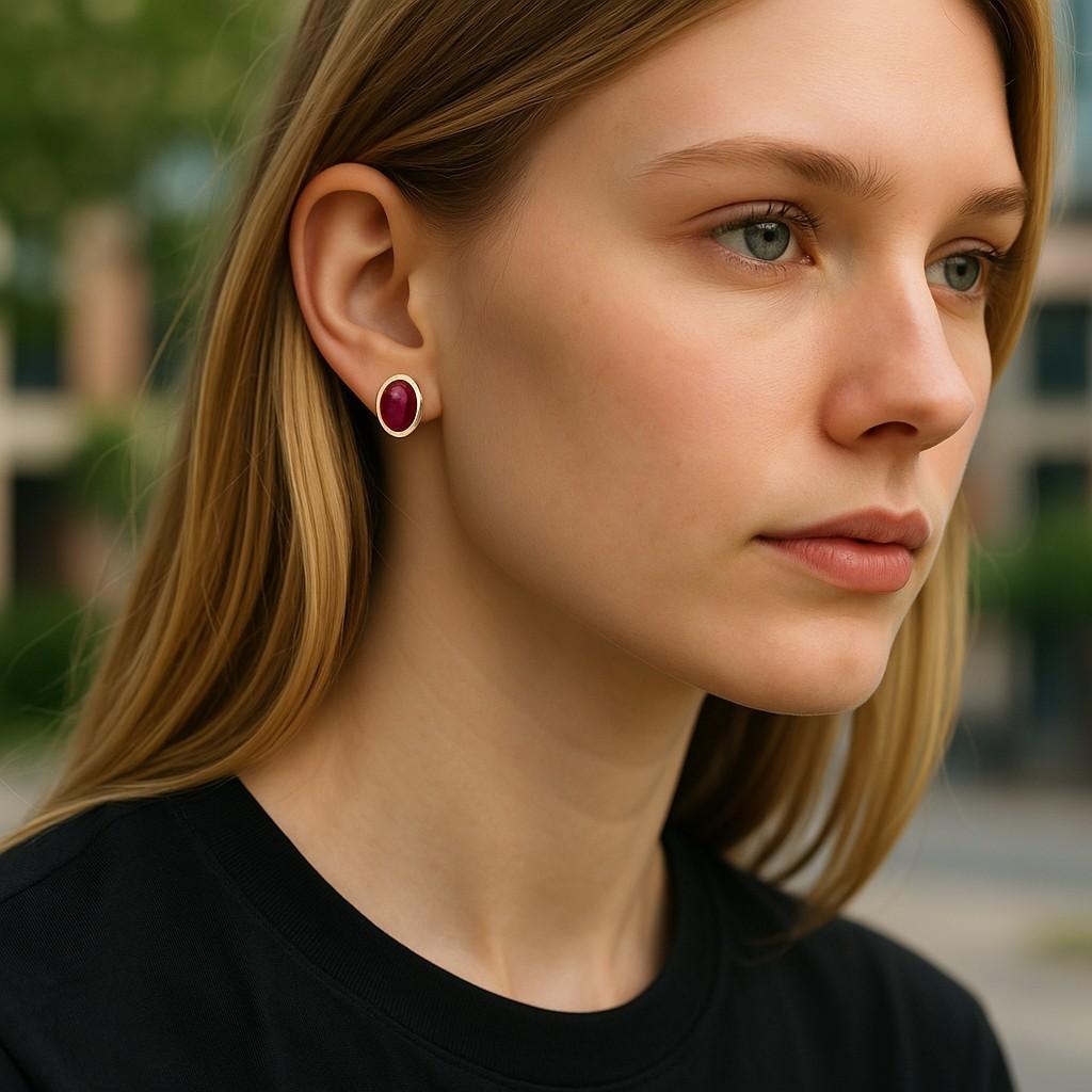 Contemporary 14K Yellow Gold Burma Cabochon Ruby Bezel-Set Stud Earrings