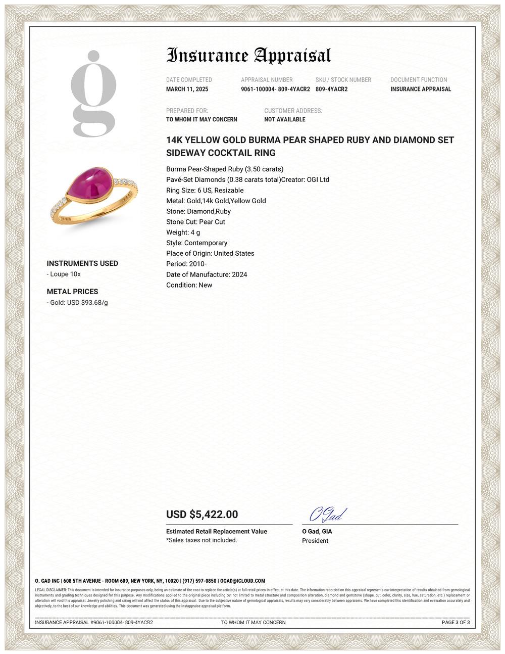 Ein Statement von zeitlosem Luxus und Anmut
Erleben Sie die pure Raffinesse und den Charme dieses Cocktailrings aus 14-karätigem Gelbgold, dessen Mittelstein ein fesselnder birnenförmiger Rubin von 3,50 Karat aus Burma ist. Eingerahmt von funkelnden