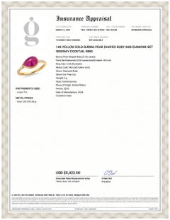 Anello da cocktail laterale con rubino a forma di pera e diamanti incastonati in oro giallo 14K Burma