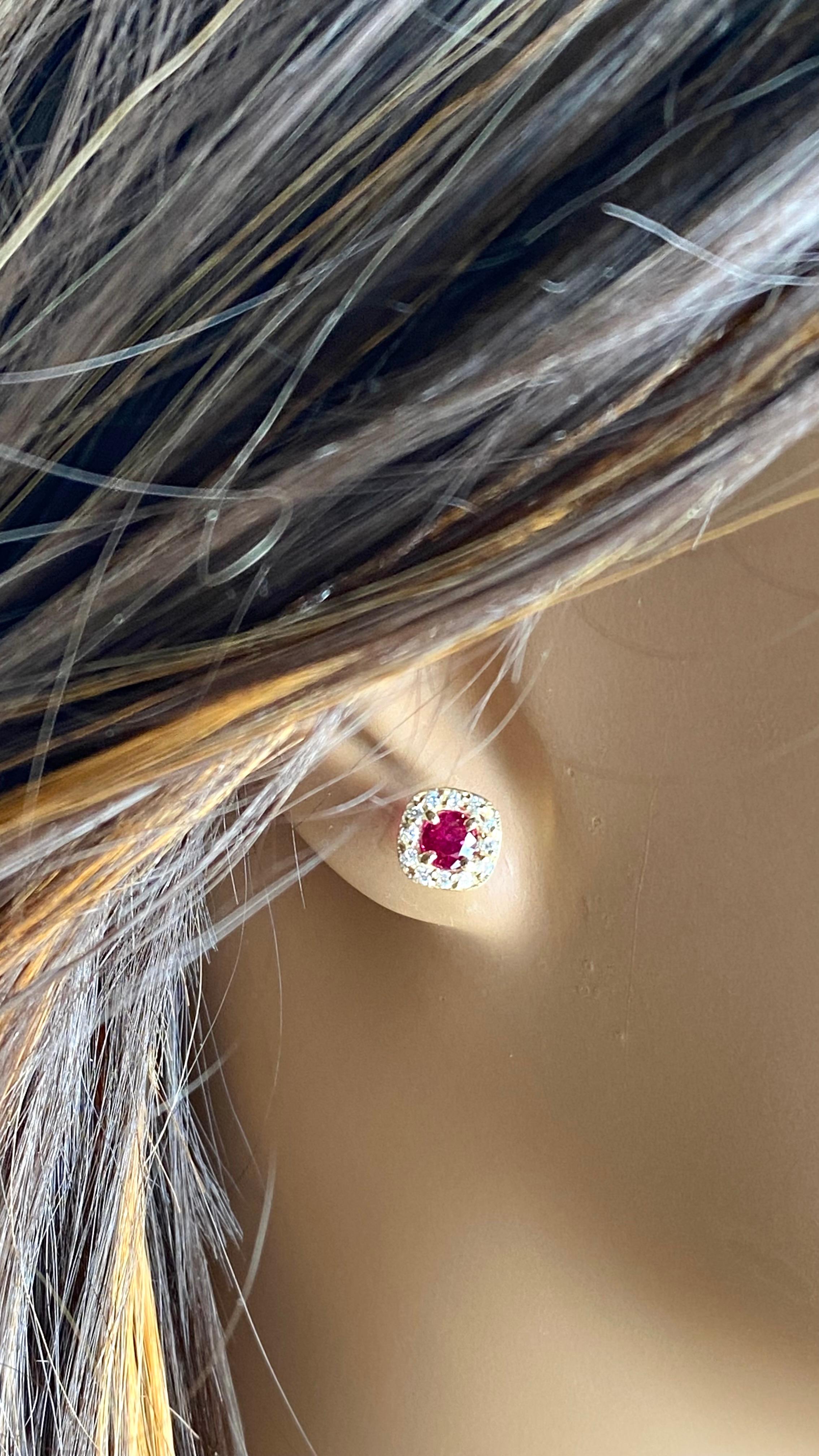 Round Cut 14K Yellow Gold Burmese Ruby and Diamond Halo Stud Earrings For Sale