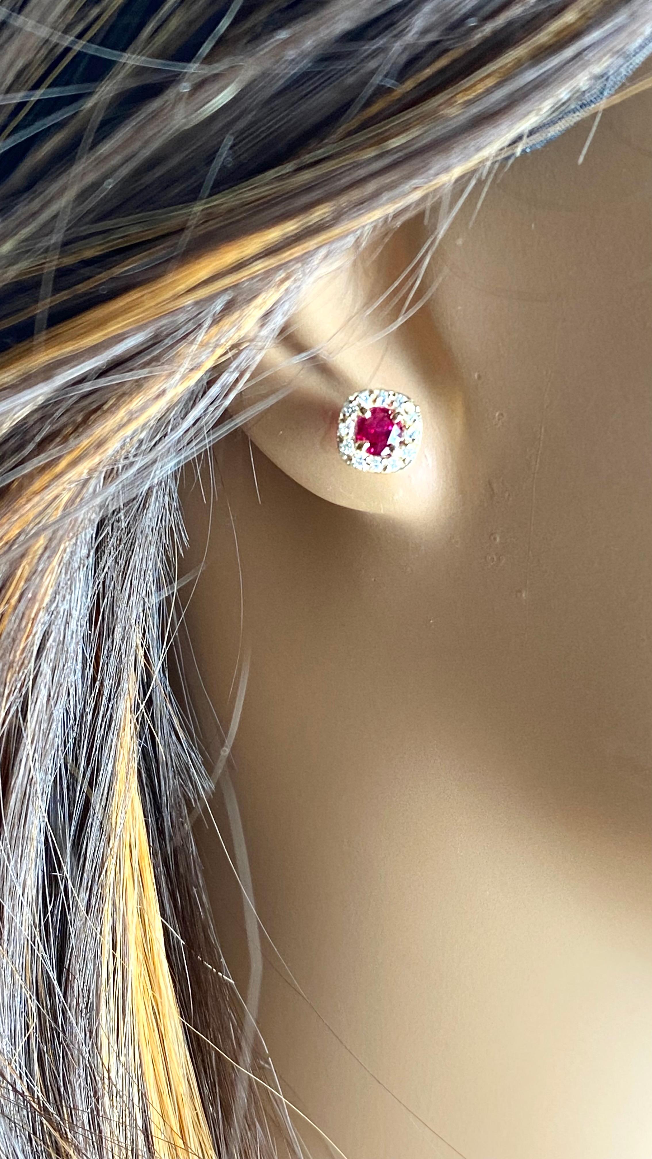 Women's or Men's 14K Yellow Gold Burmese Ruby and Diamond Halo Stud Earrings For Sale