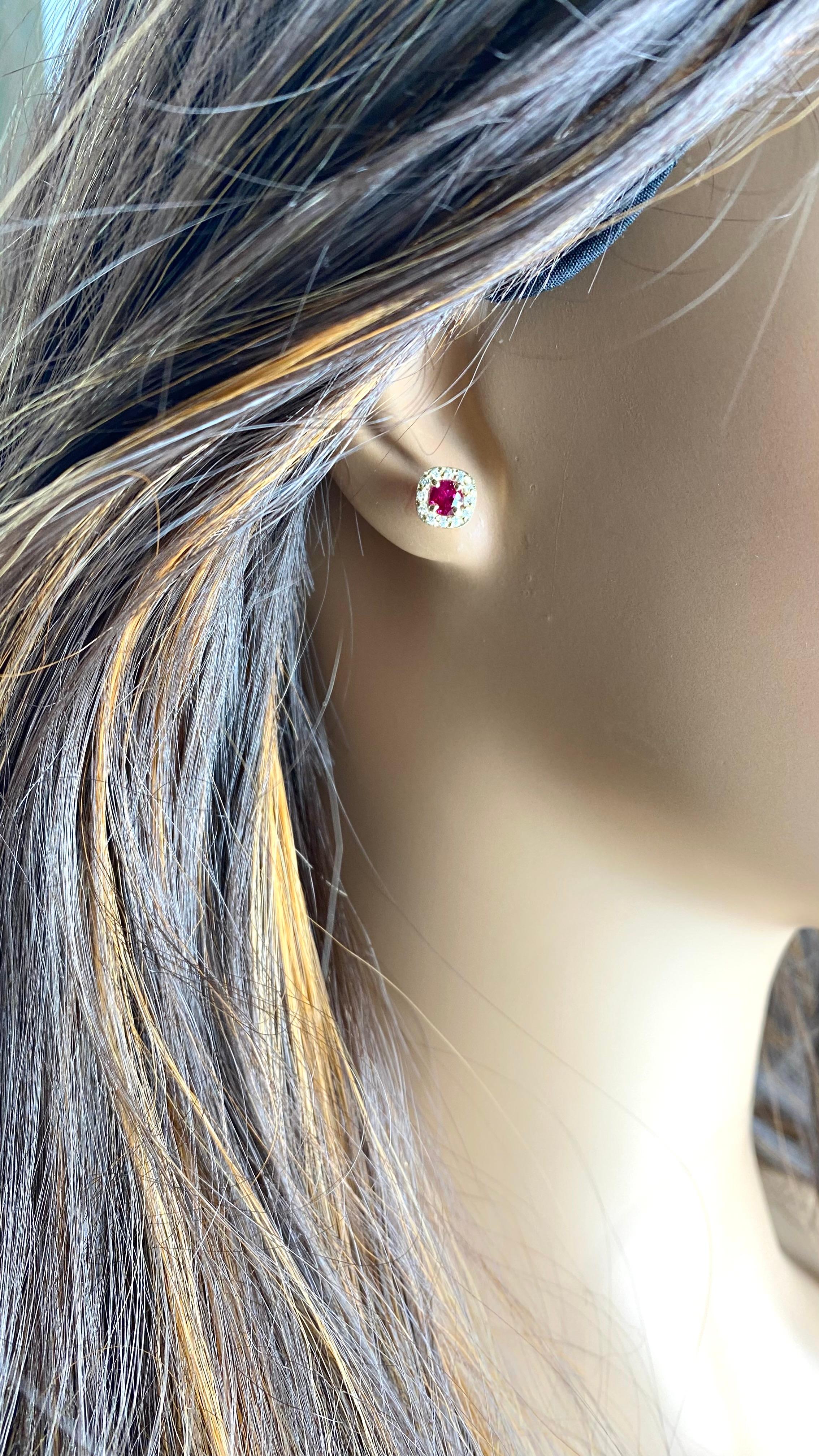 14K Yellow Gold Burmese Ruby and Diamond Halo Stud Earrings For Sale 2