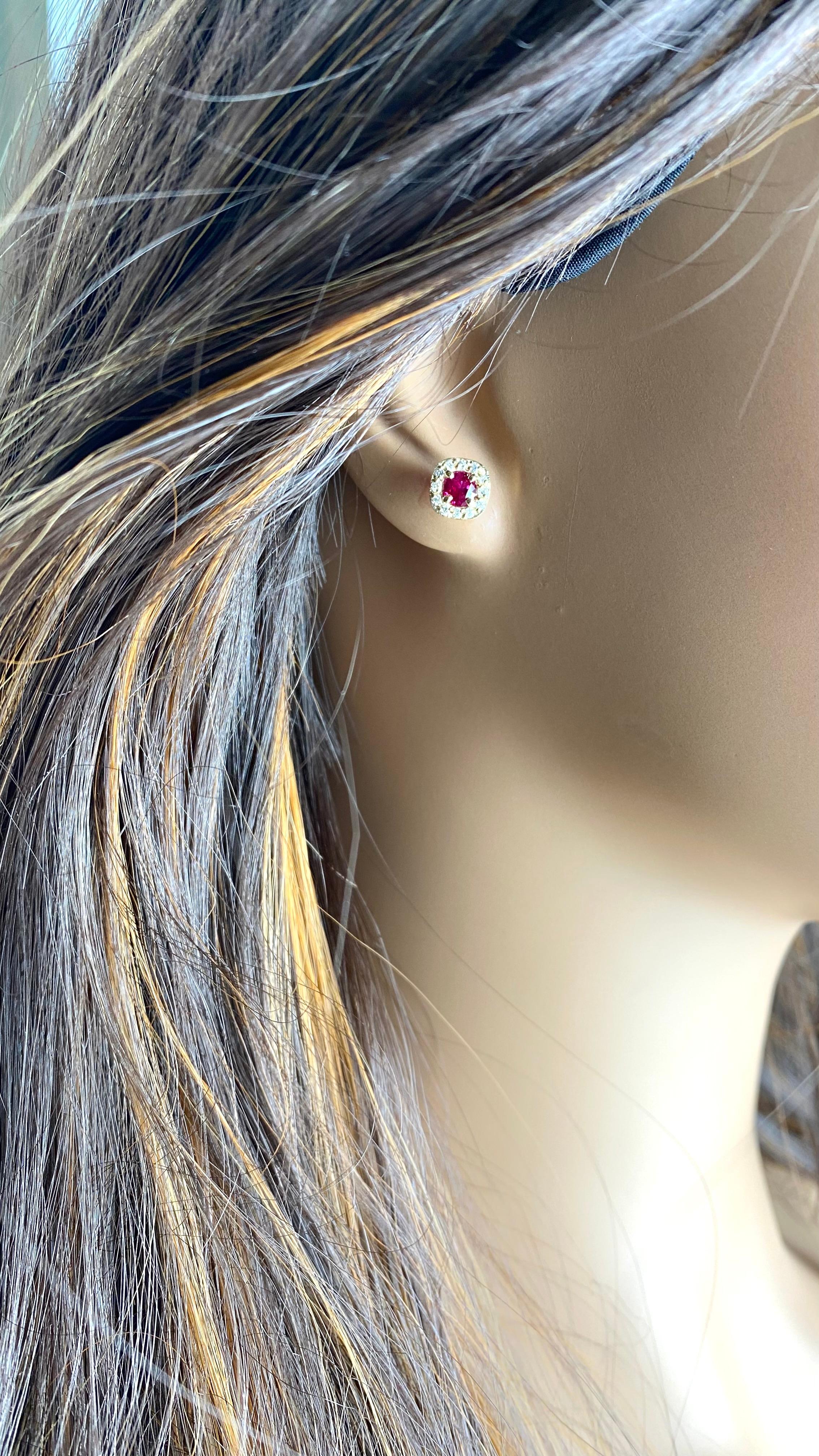 14K Yellow Gold Burmese Ruby and Diamond Halo Stud Earrings For Sale 3