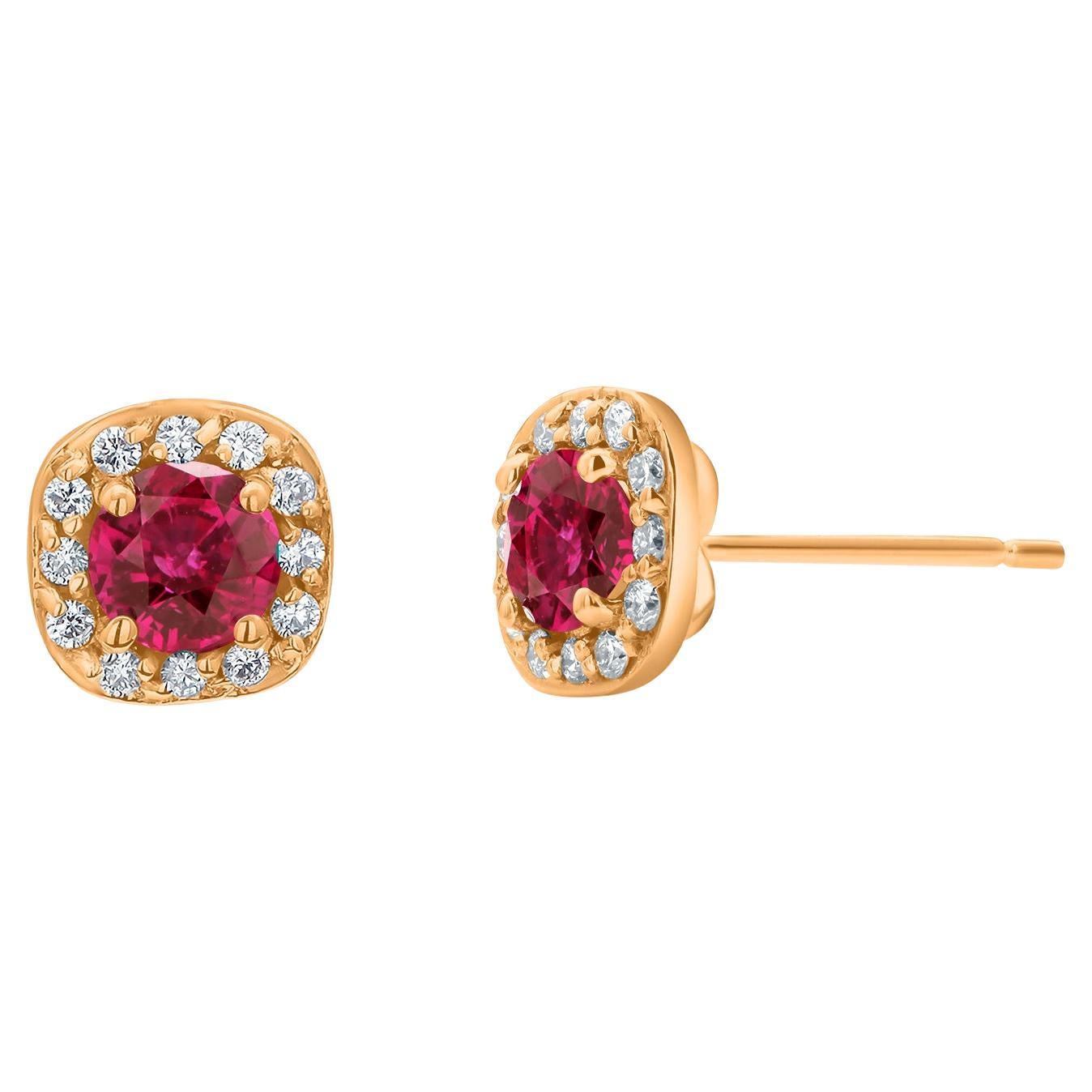 14K Yellow Gold Burmese Ruby and Diamond Halo Stud Earrings