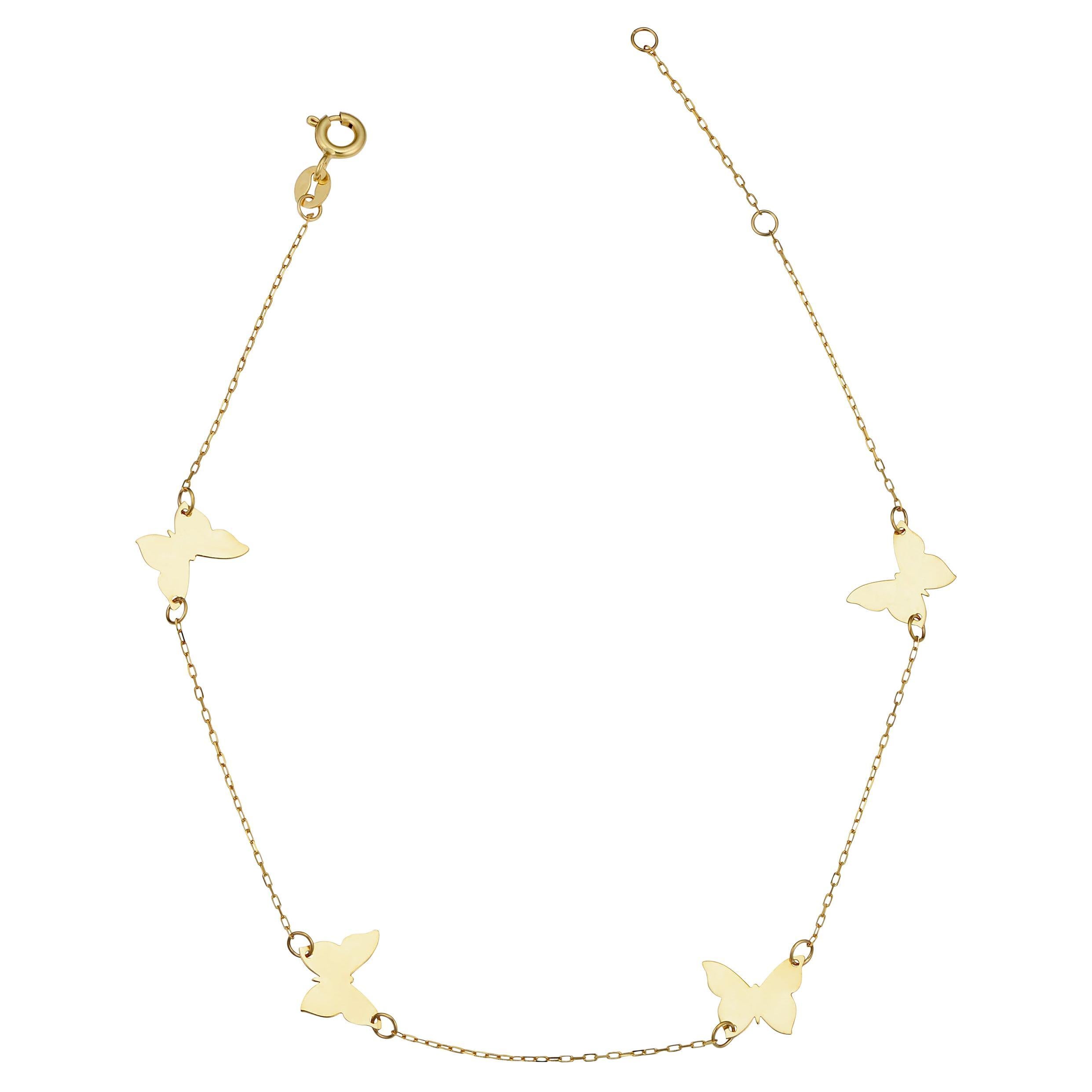 14K Yellow Gold Butterfly Anklet Adjustable for Her For Sale