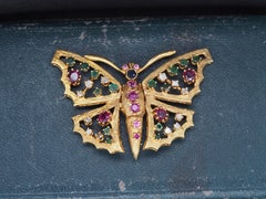 14K Yellow Gold Butterfly Brooch with Hinged Wings and Diamonds, Rubies, Emerald