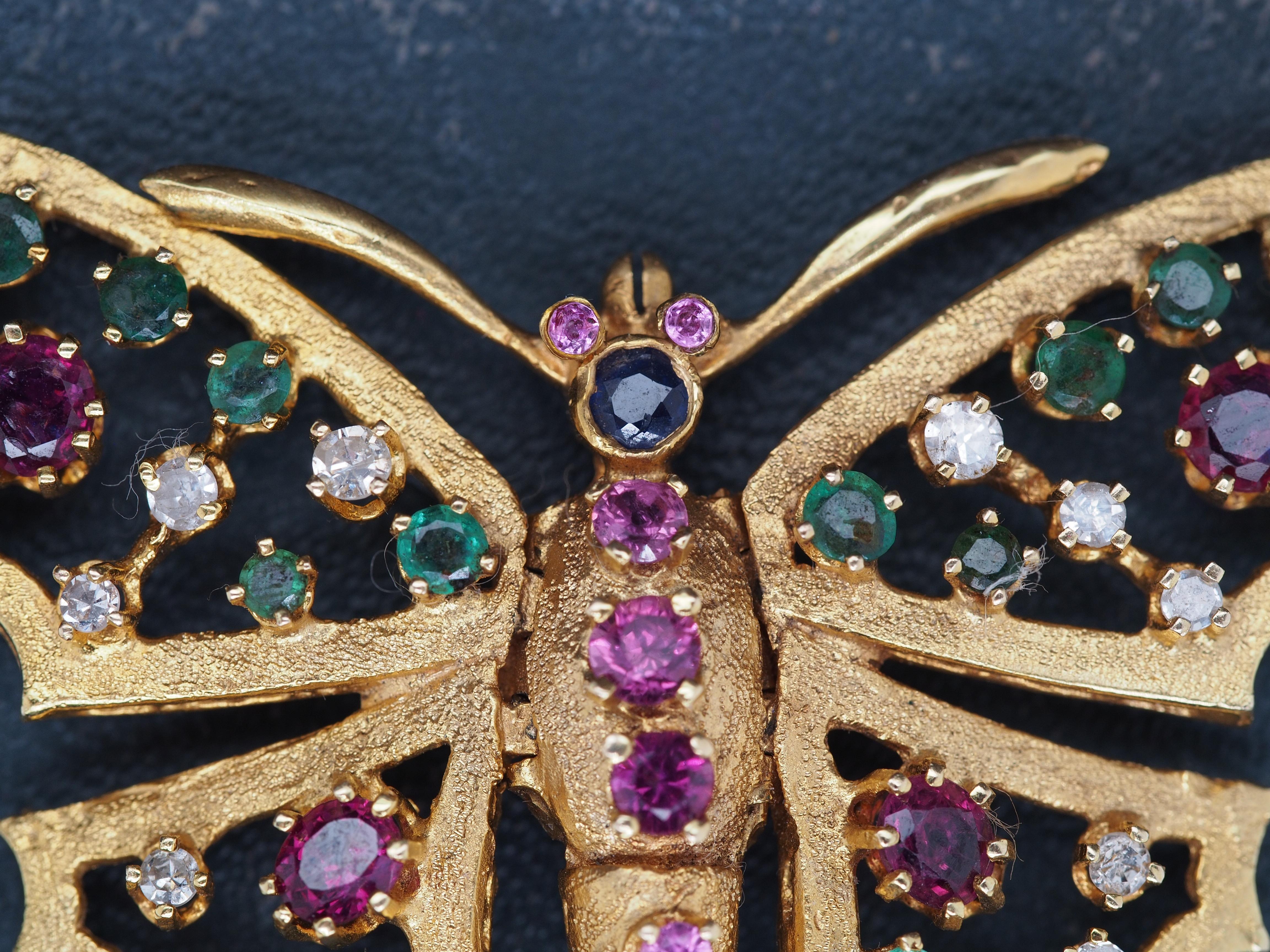 Art Deco 14K Yellow Gold Butterfly Brooch with Hinged Wings and Diamonds, Rubies, Emerald For Sale