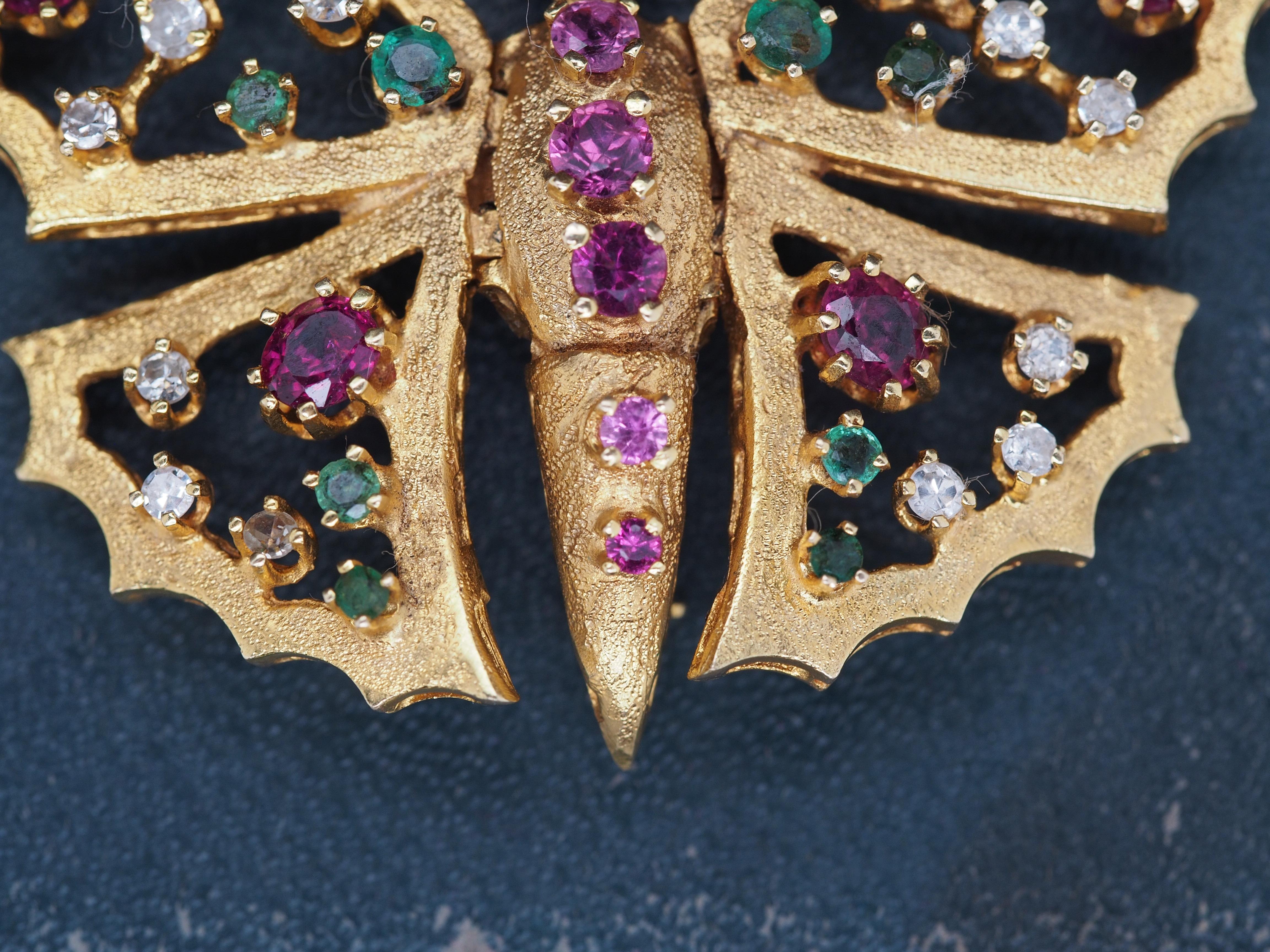 Emerald Cut 14K Yellow Gold Butterfly Brooch with Hinged Wings and Diamonds, Rubies, Emerald For Sale