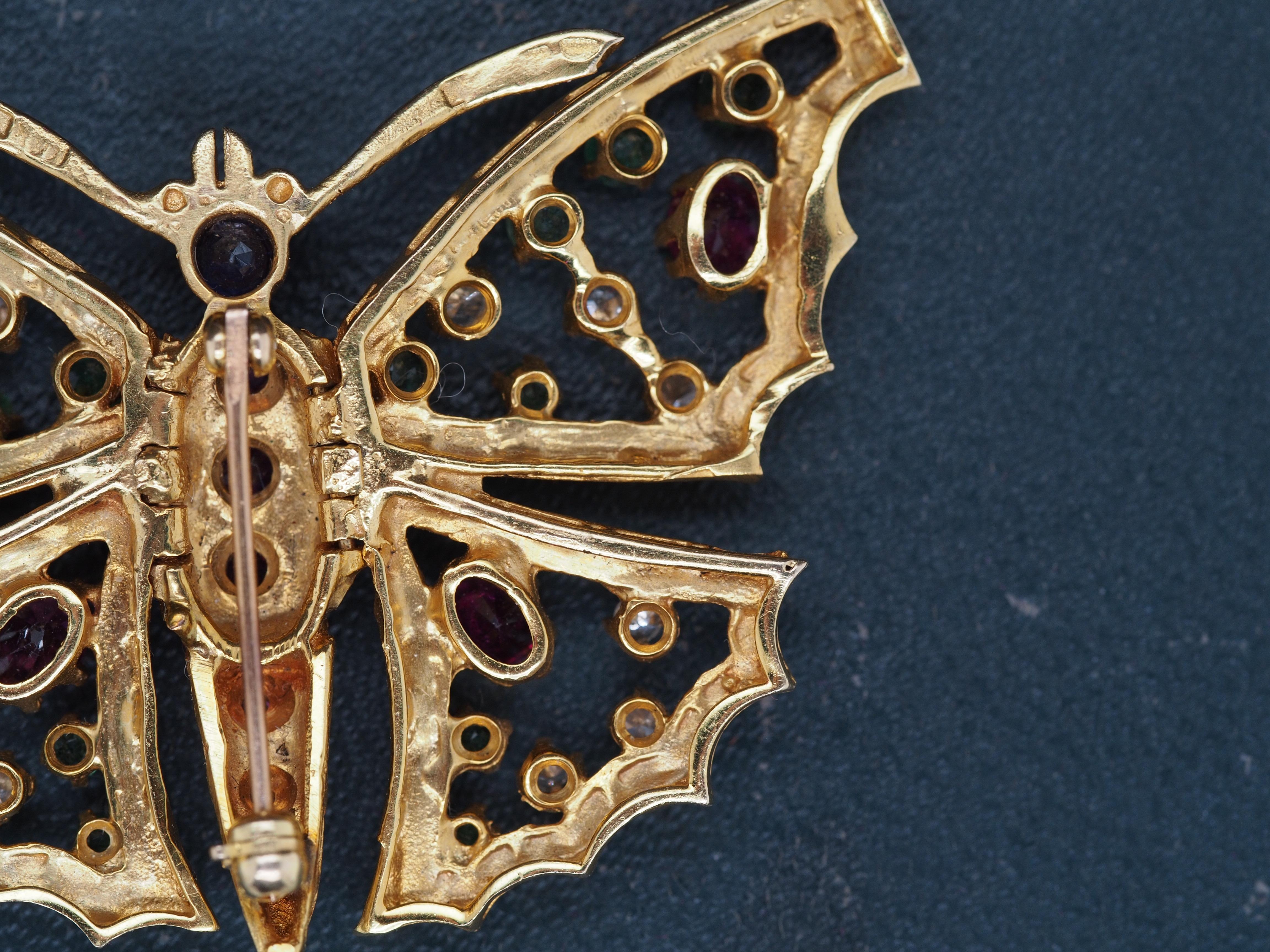 Women's 14K Yellow Gold Butterfly Brooch with Hinged Wings and Diamonds, Rubies, Emerald For Sale
