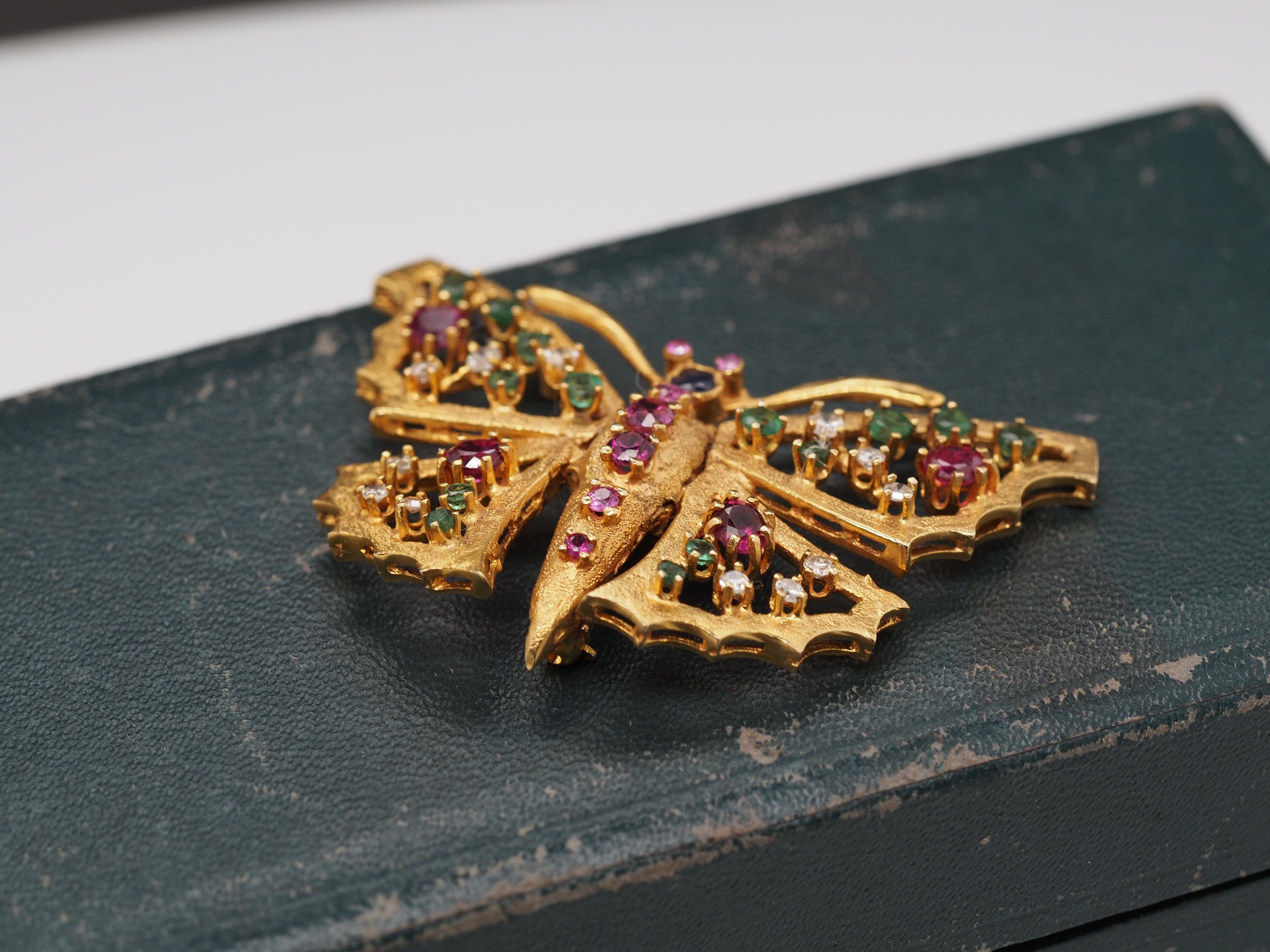 14K Yellow Gold Butterfly Brooch with Hinged Wings and Diamonds, Rubies, Emerald For Sale 3