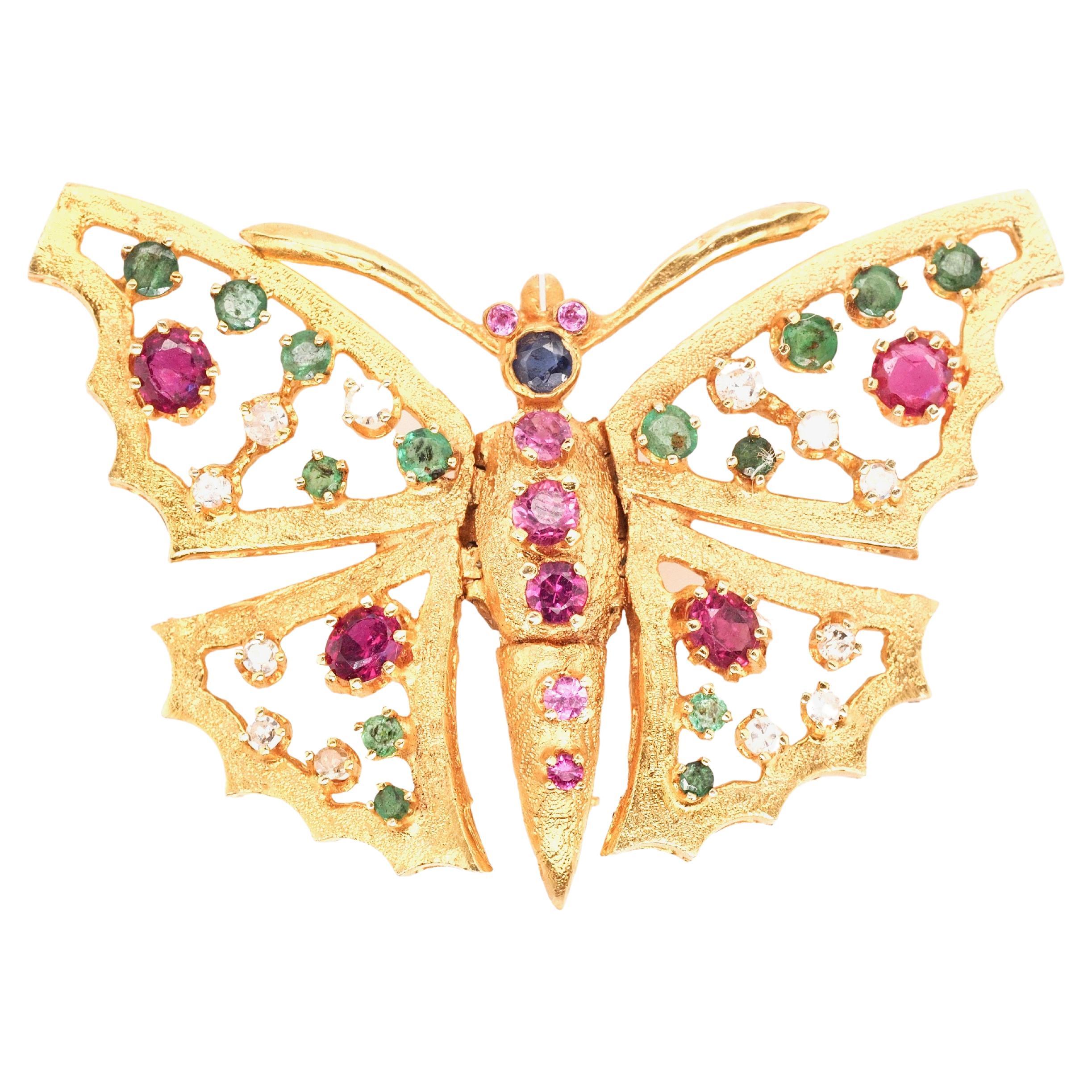 14K Yellow Gold Butterfly Brooch with Hinged Wings and Diamonds, Rubies, Emerald For Sale