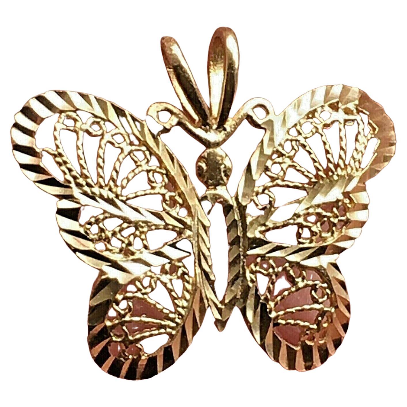 14k Yellow Gold Butterfly Filigree Necklace Pendant Charm 2.4 Gram For Sale