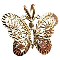 Retro 14k Yellow Gold Butterfly Filigree Necklace Pendant Charm 2.4 Gram