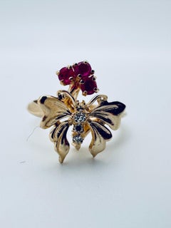 14K Yellow Gold Butterfly Heart Ring with Rubies & Diamonds