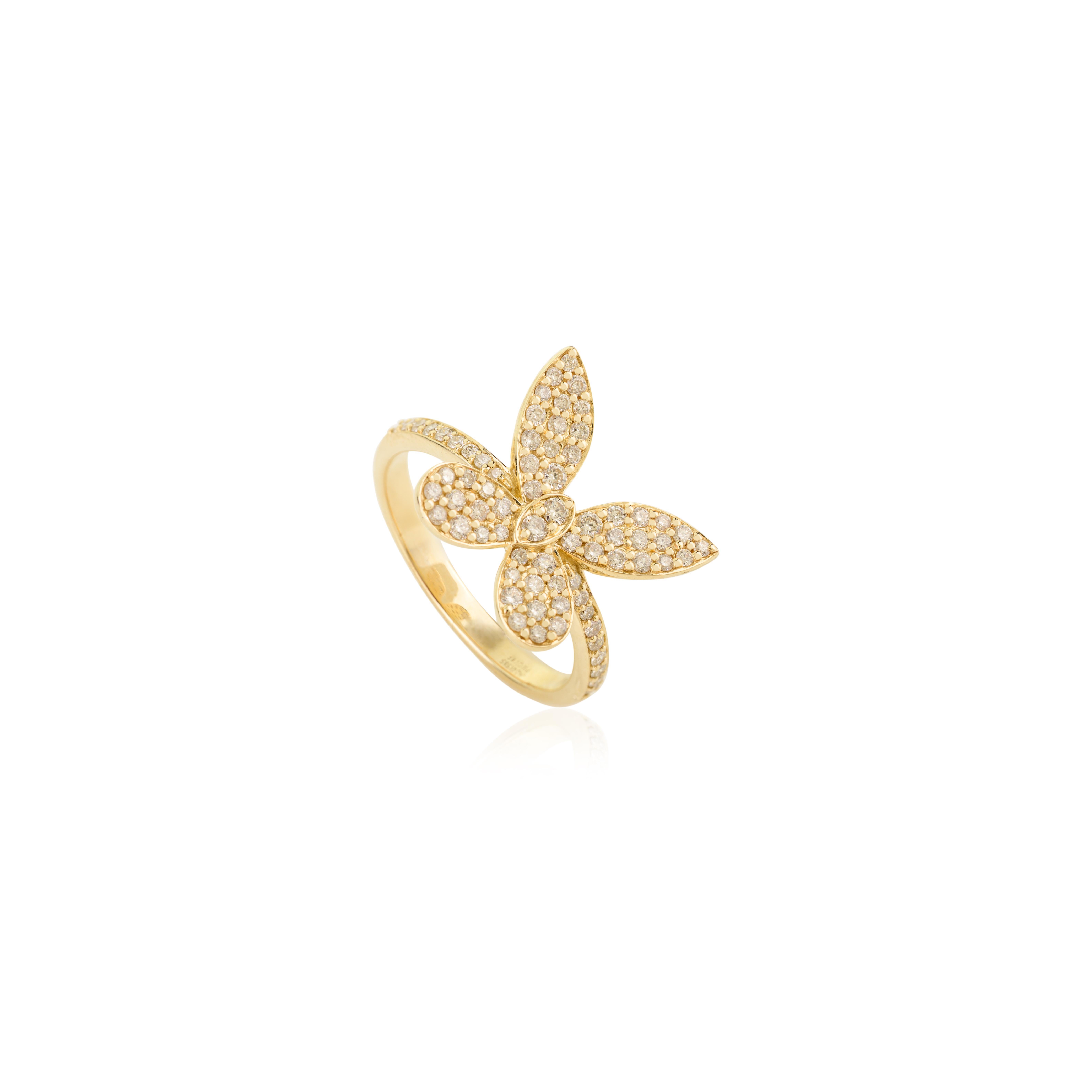 En vente :  Bague papillon en or jaune 14K avec diamants ronds en sertissage pavé pour femmes 3