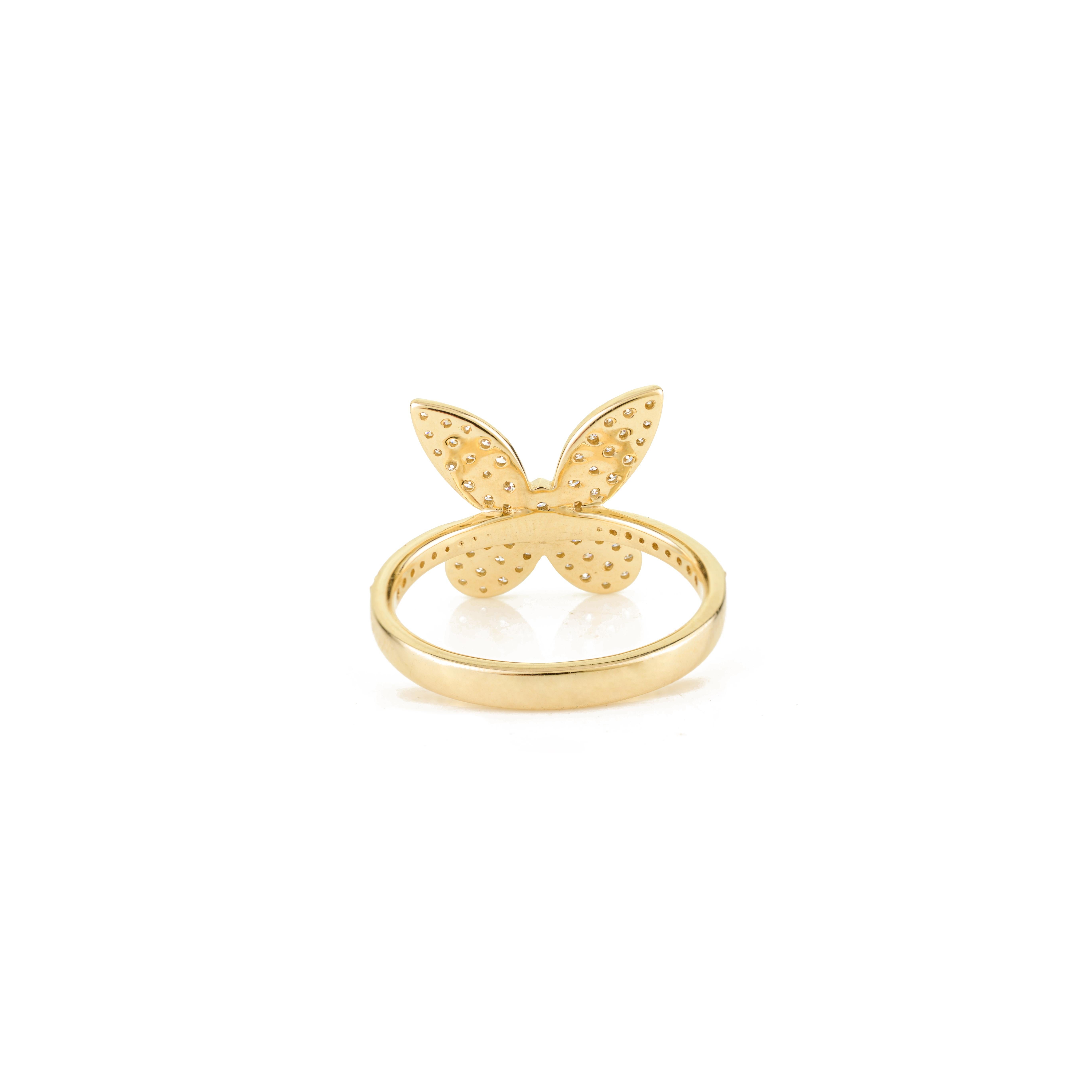 En vente :  Bague papillon en or jaune 14K avec diamants ronds en sertissage pavé pour femmes 5