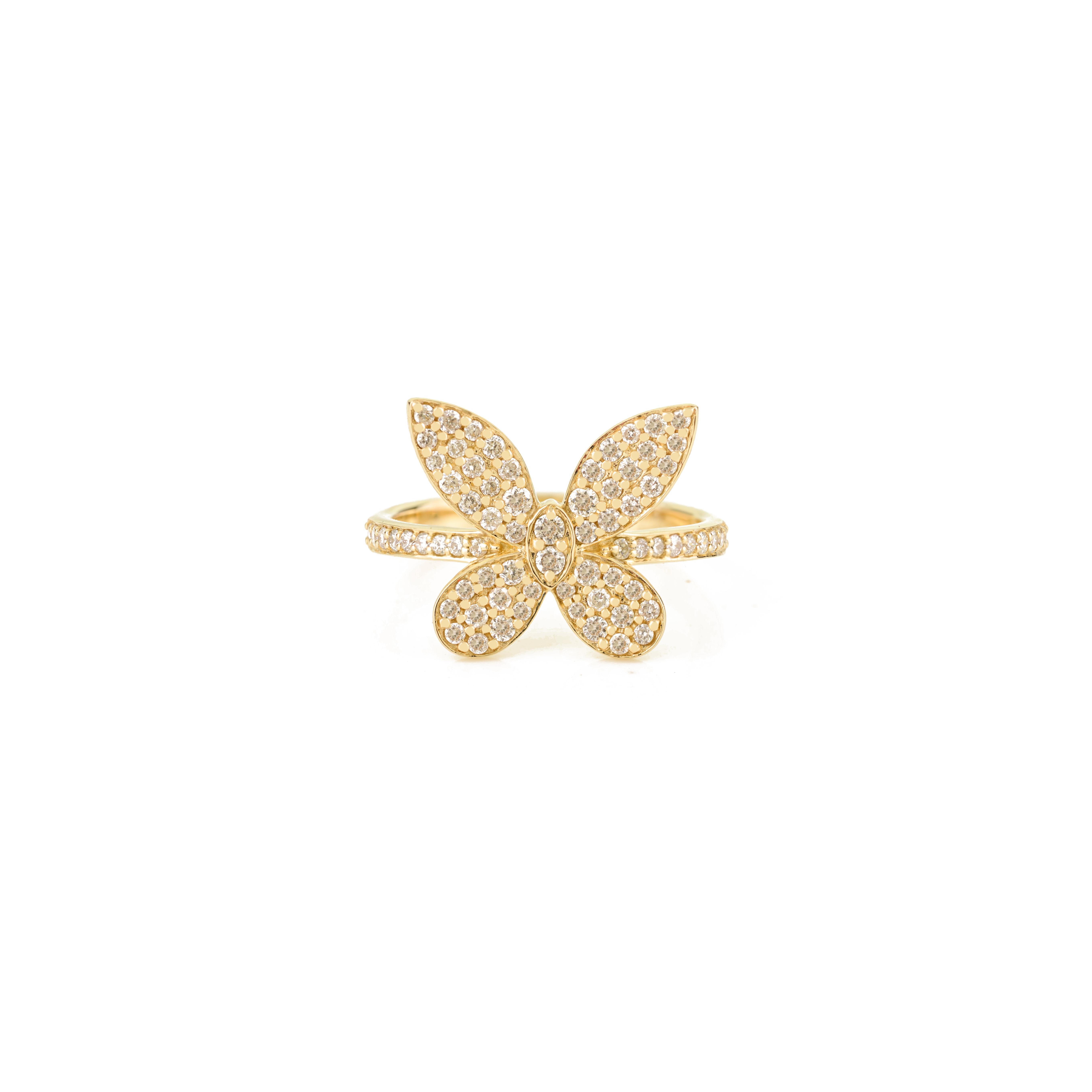 En vente :  Bague papillon en or jaune 14K avec diamants ronds en sertissage pavé pour femmes 7