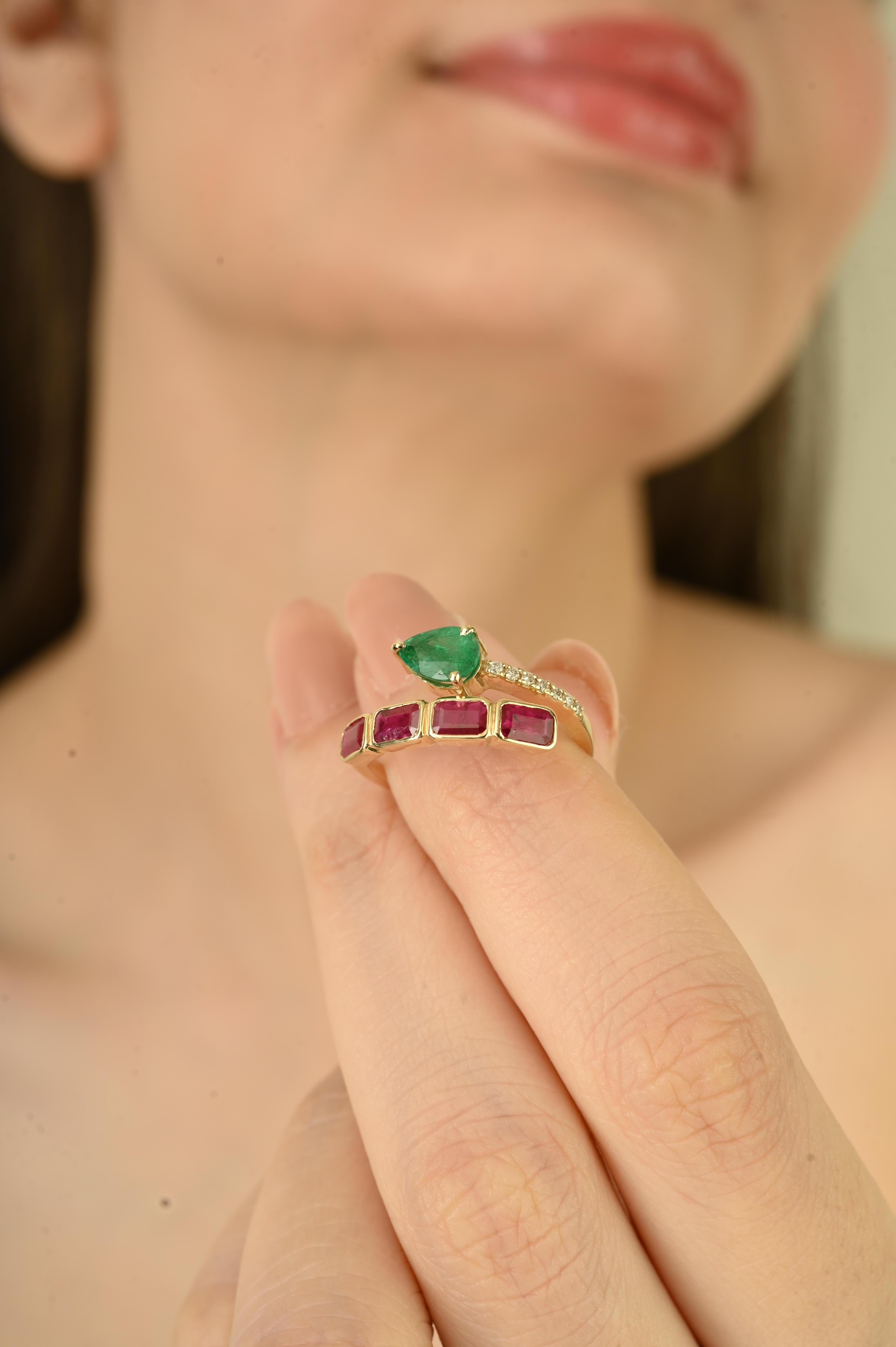For Sale:  14K Yellow Gold Bypass Cocktail Ring with 1.59 Natural Ruby, Emerald & Diamond 10