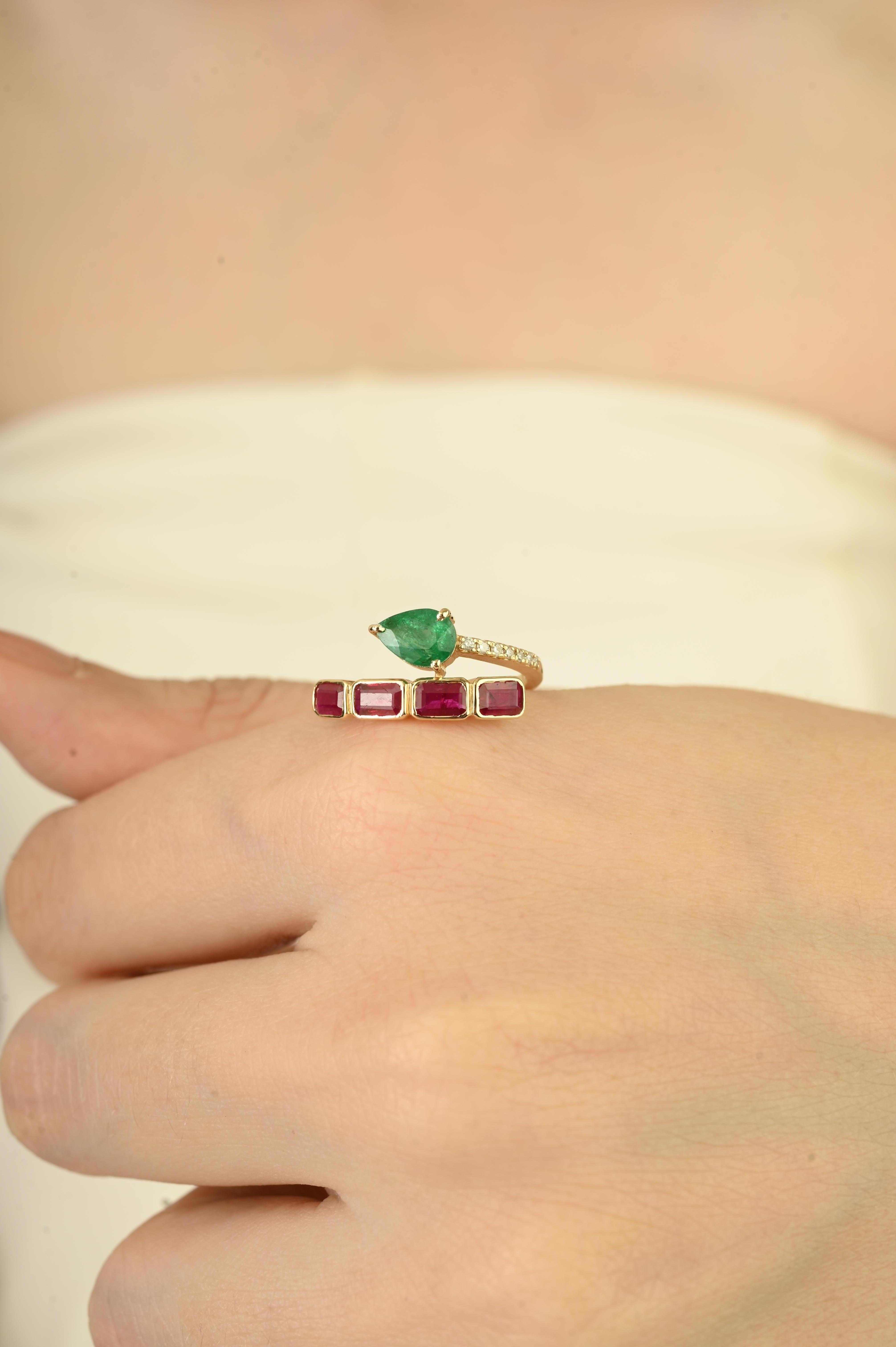 For Sale:  14K Yellow Gold Bypass Cocktail Ring with 1.59 Natural Ruby, Emerald & Diamond 2