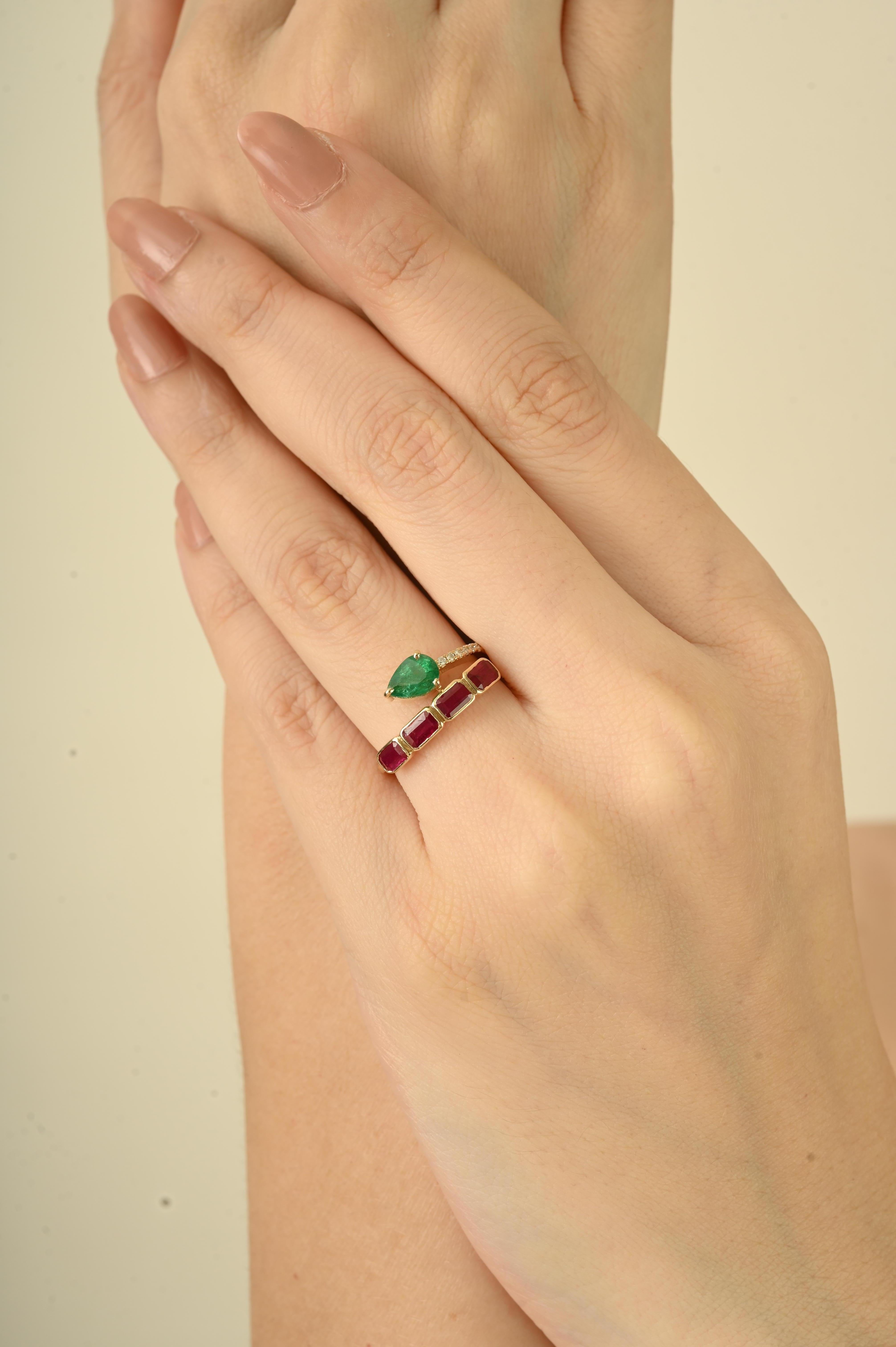 For Sale:  14K Yellow Gold Bypass Cocktail Ring with 1.59 Natural Ruby, Emerald & Diamond 4