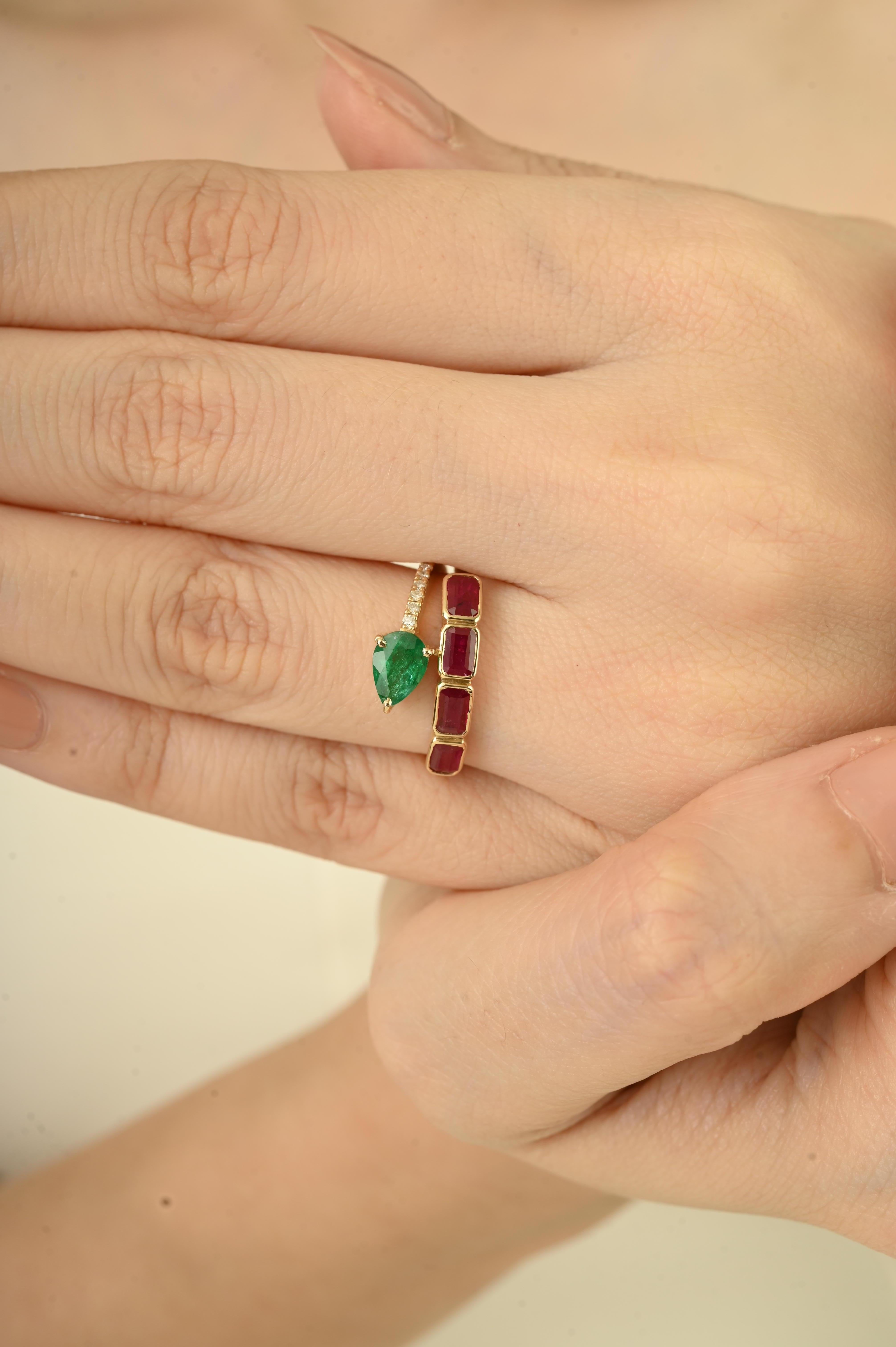 For Sale:  14K Yellow Gold Bypass Cocktail Ring with 1.59 Natural Ruby, Emerald & Diamond 6