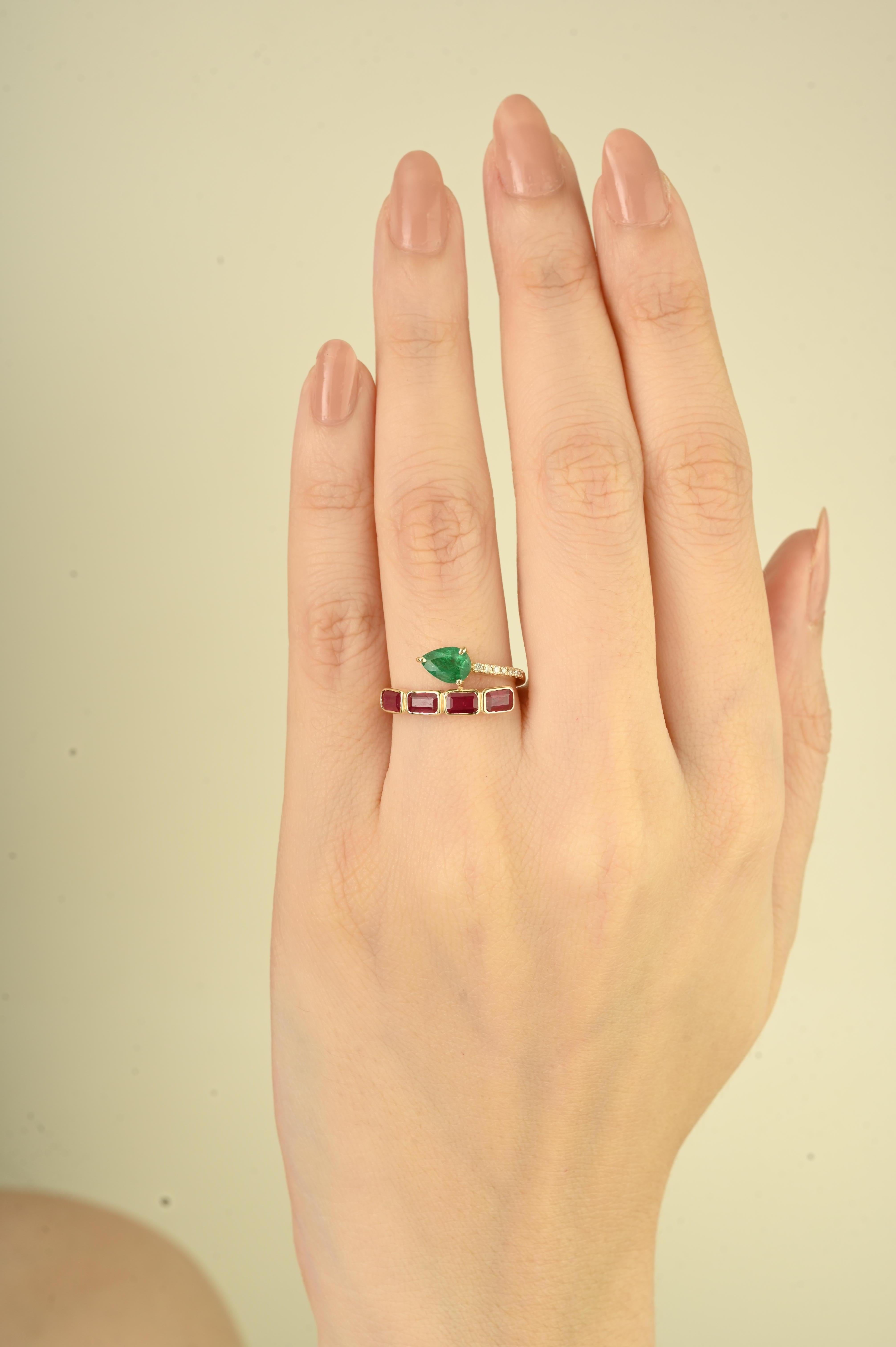 For Sale:  14K Yellow Gold Bypass Cocktail Ring with 1.59 Natural Ruby, Emerald & Diamond 8